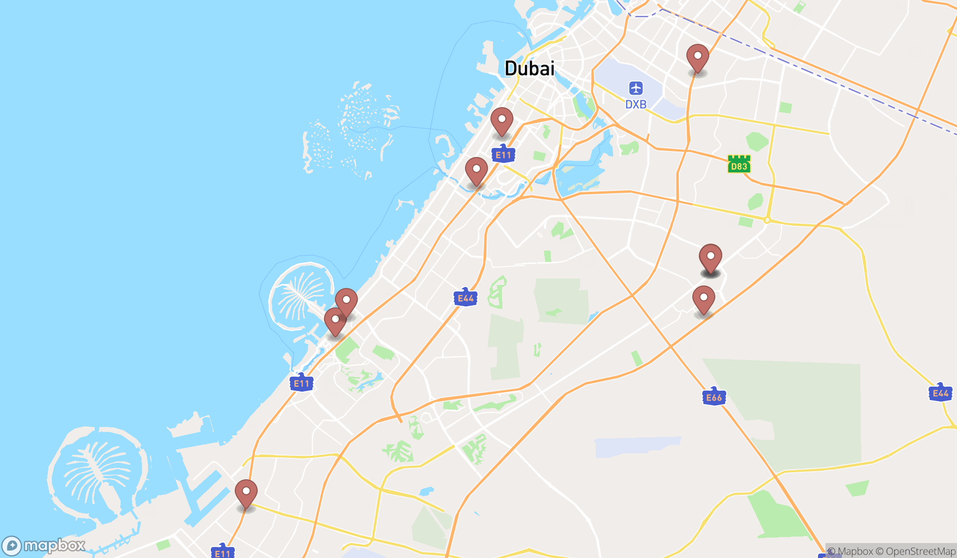 Map showing the ranked academic departments in Dubai, Dubai
