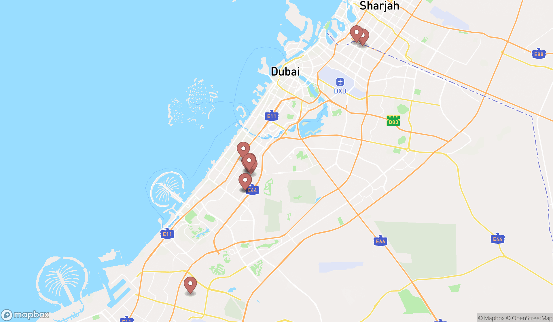 Map showing the ranked acrylic stores in Dubai, Dubai
