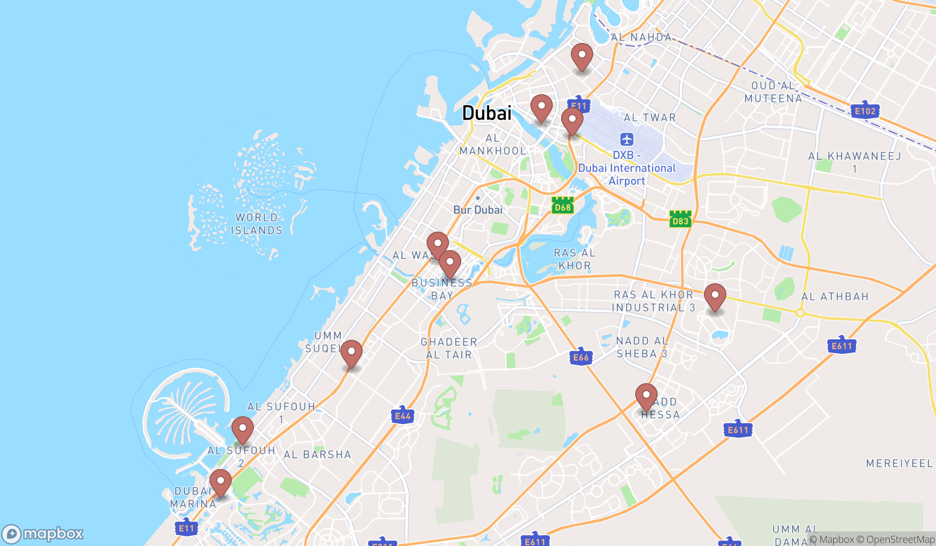 Map showing the ranked adult education schools in Dubai, Dubai