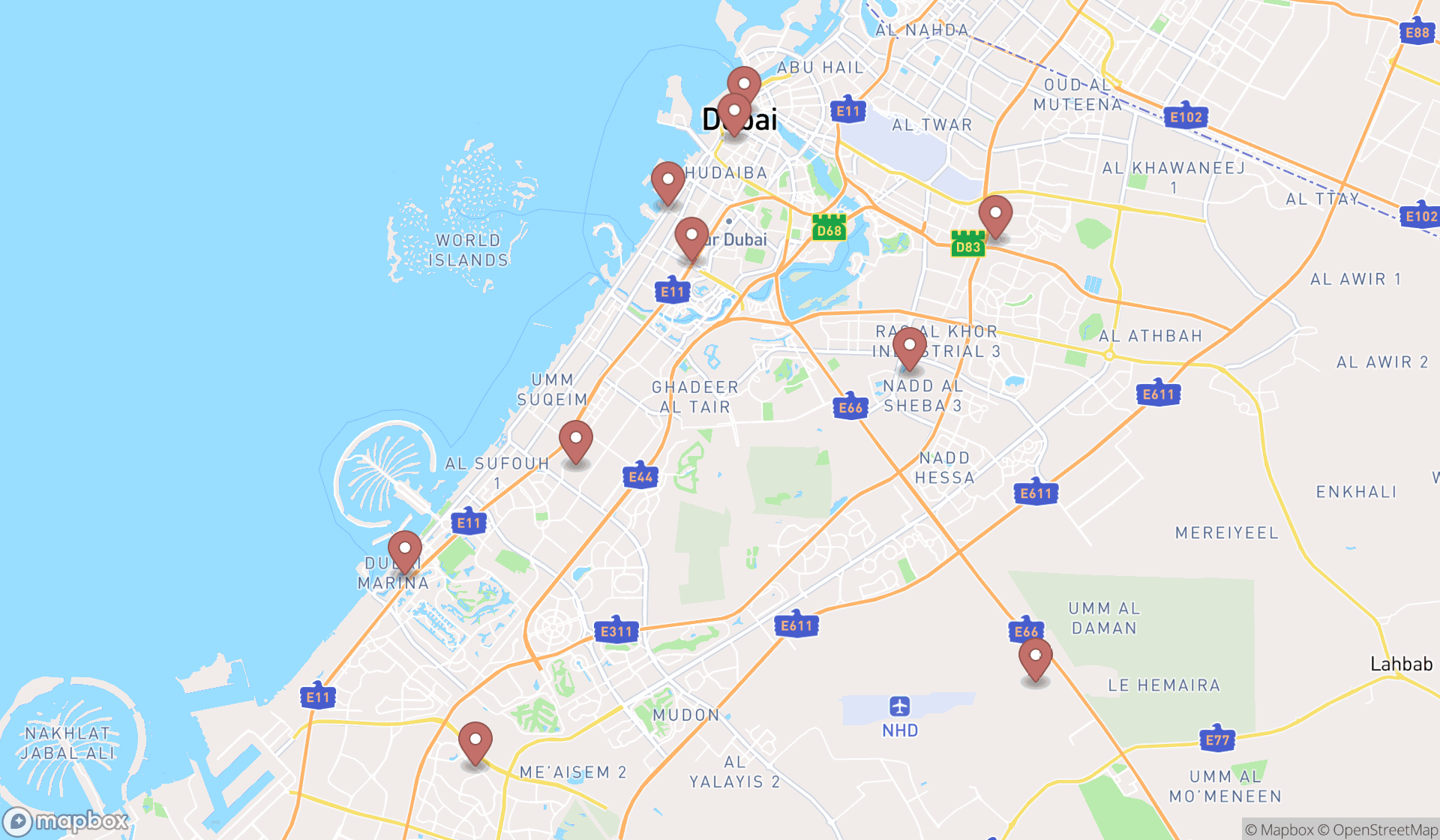 Map showing the ranked adventure sports centers in Dubai, Dubai