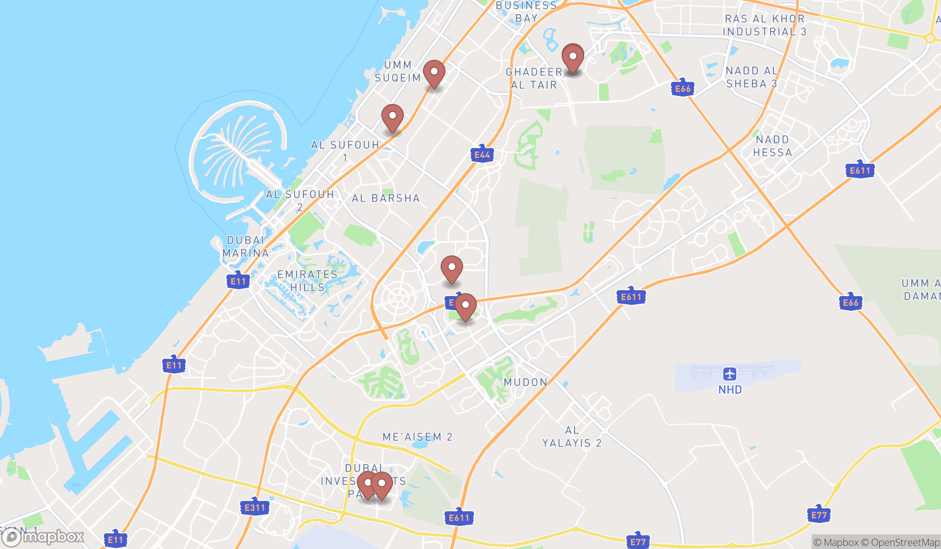 Map showing the ranked aerial sports centers in Dubai, Dubai