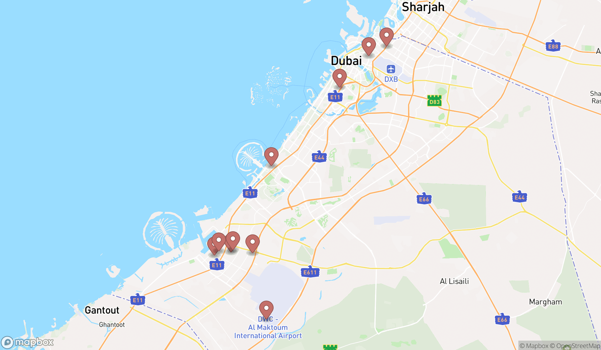 Map showing the ranked aerospace companies in Dubai, Dubai