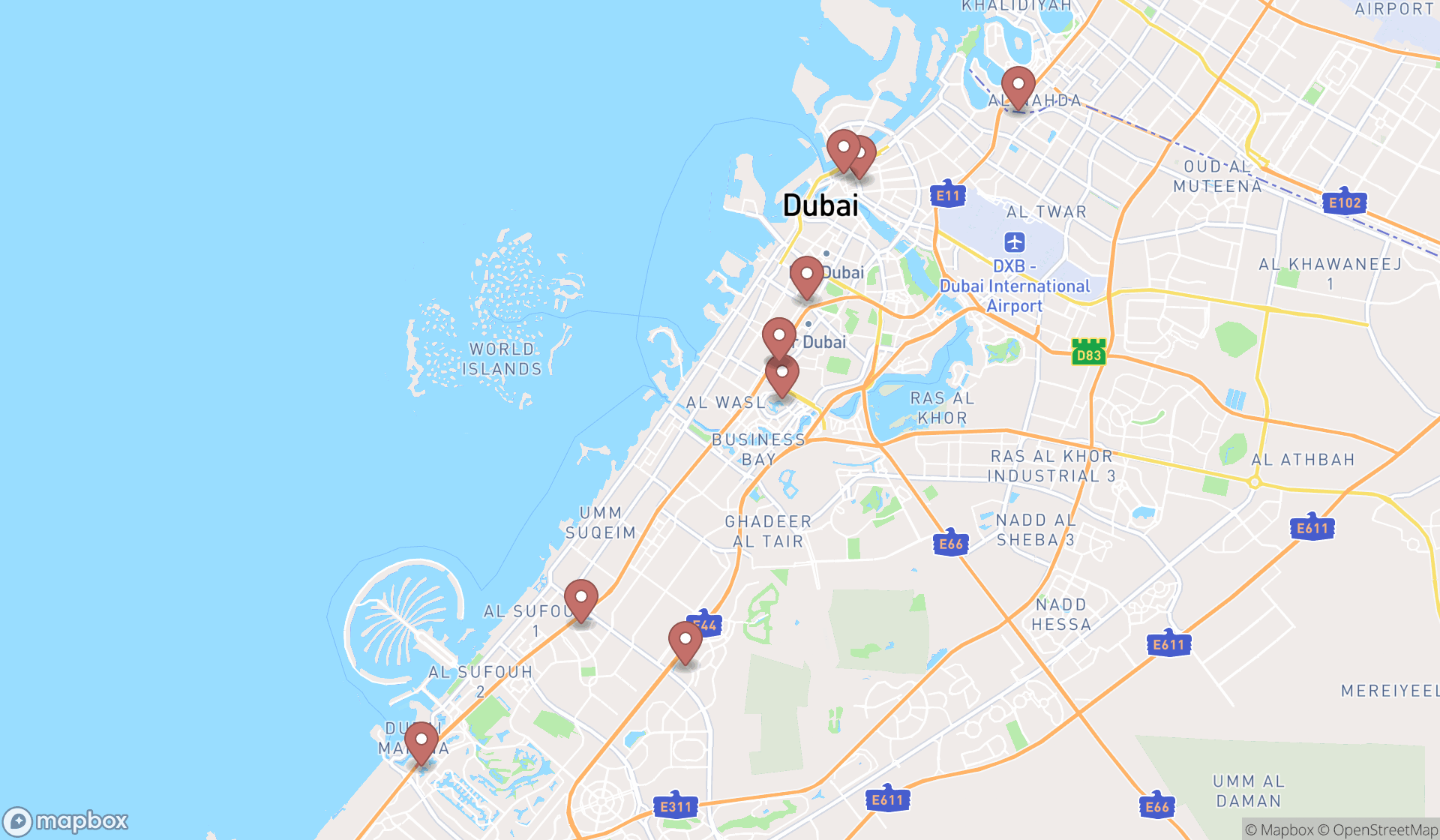 Map showing the ranked african restaurants in Dubai, Dubai