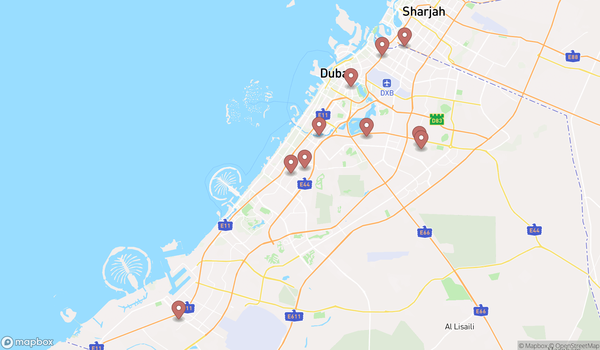 Map showing the ranked aggregate suppliers in Dubai, Dubai