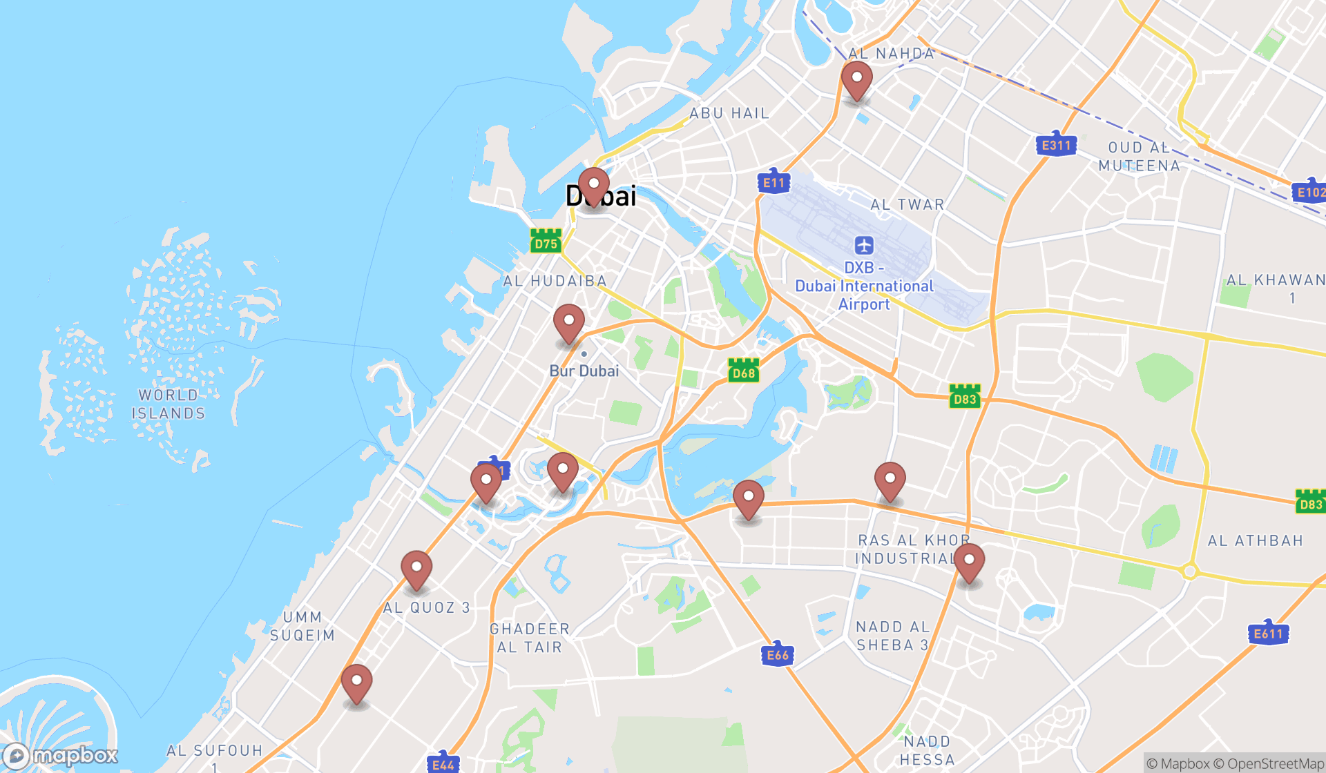 Map showing the ranked air conditioning contractors in Dubai, Dubai
