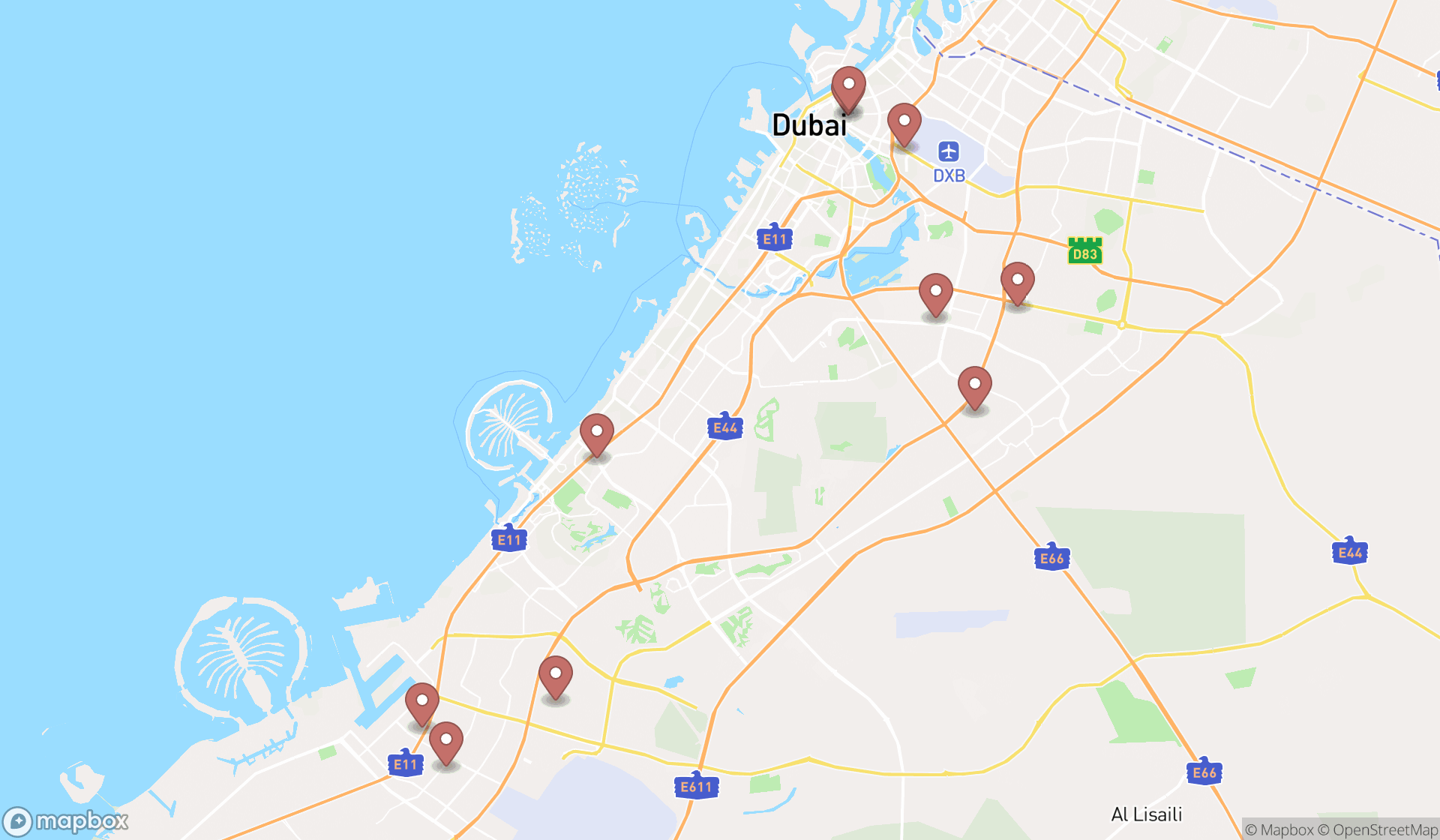 Map showing the ranked air conditioning system suppliers in Dubai, Dubai
