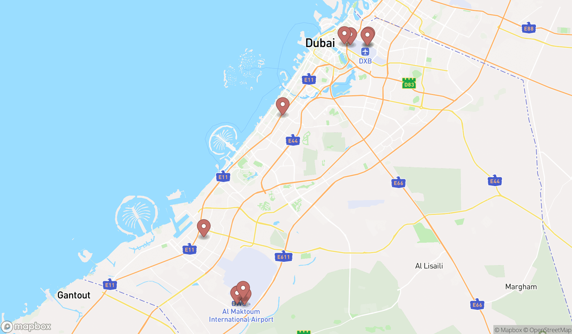 Map showing the ranked aircraft maintenance companies in Dubai, Dubai