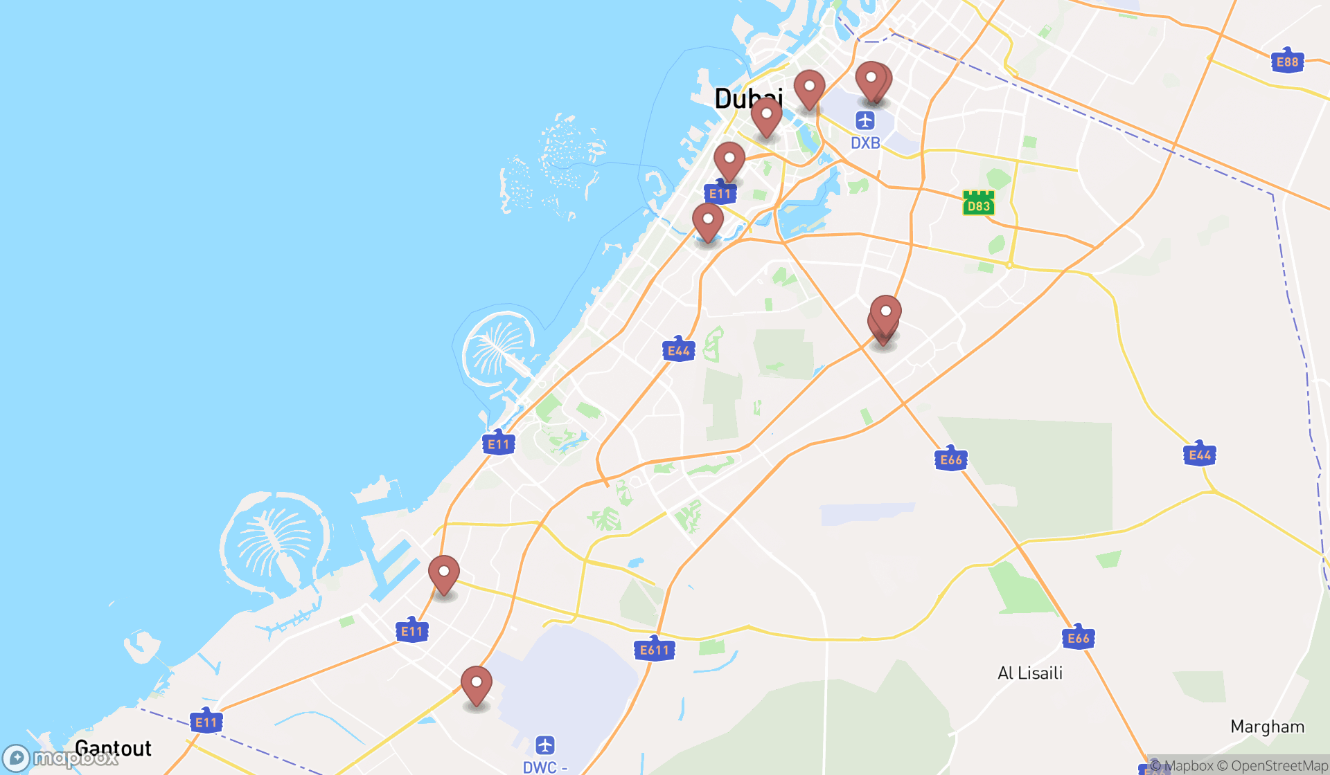 Map showing the ranked aircraft rental services in Dubai, Dubai