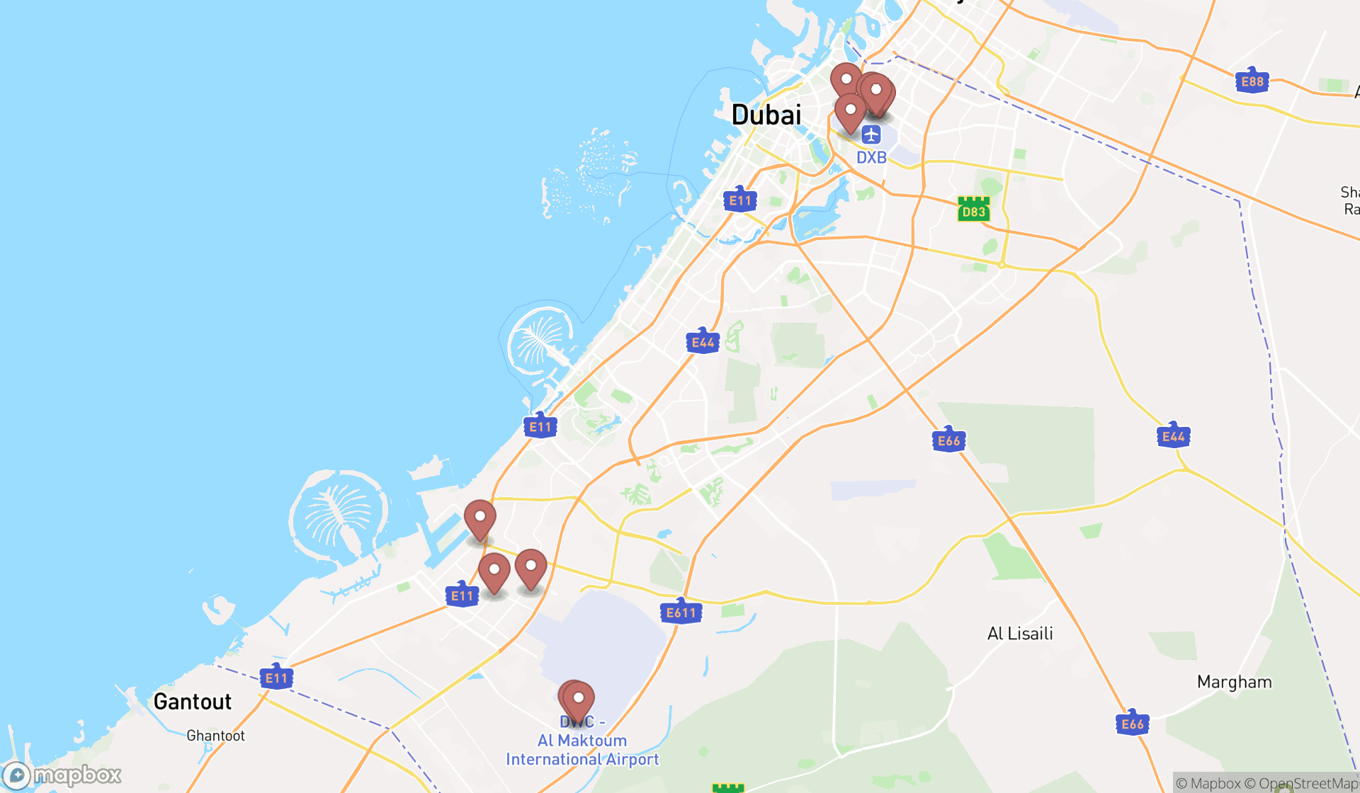 Map showing the ranked aircraft supply stores in Dubai, Dubai