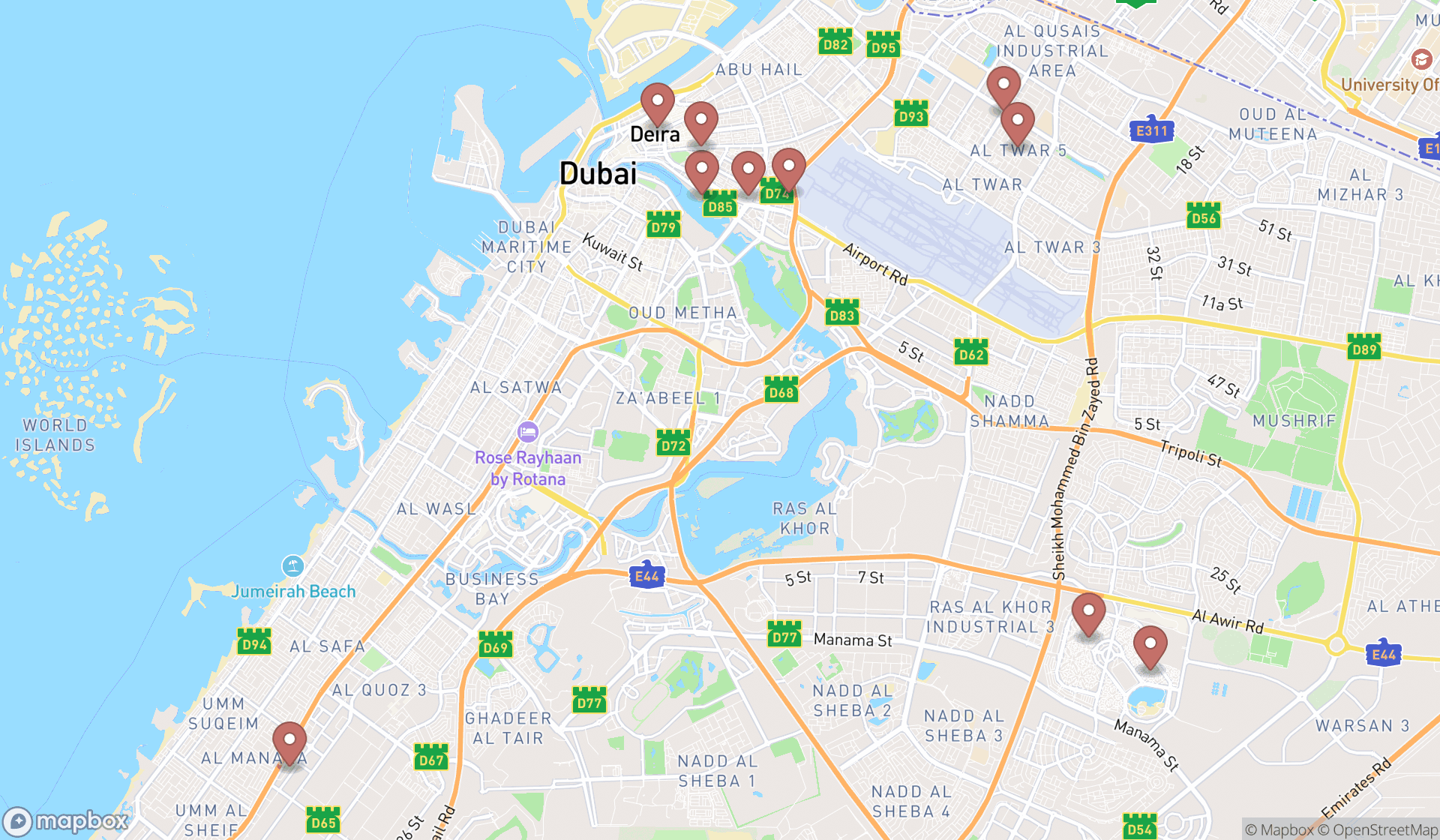 Map showing the ranked airline ticket agencies in Dubai, Dubai