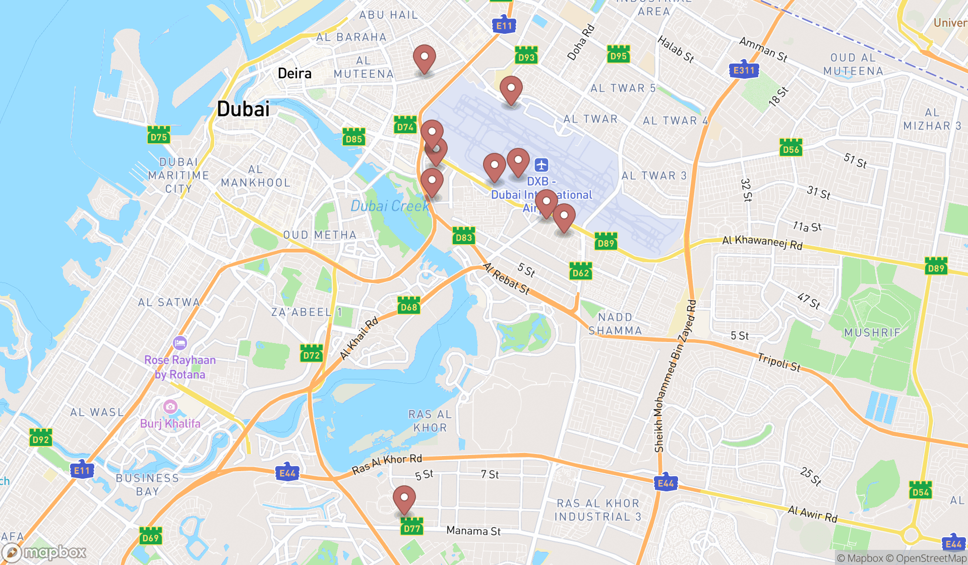 Map showing the ranked airport shuttle services in Dubai, Dubai