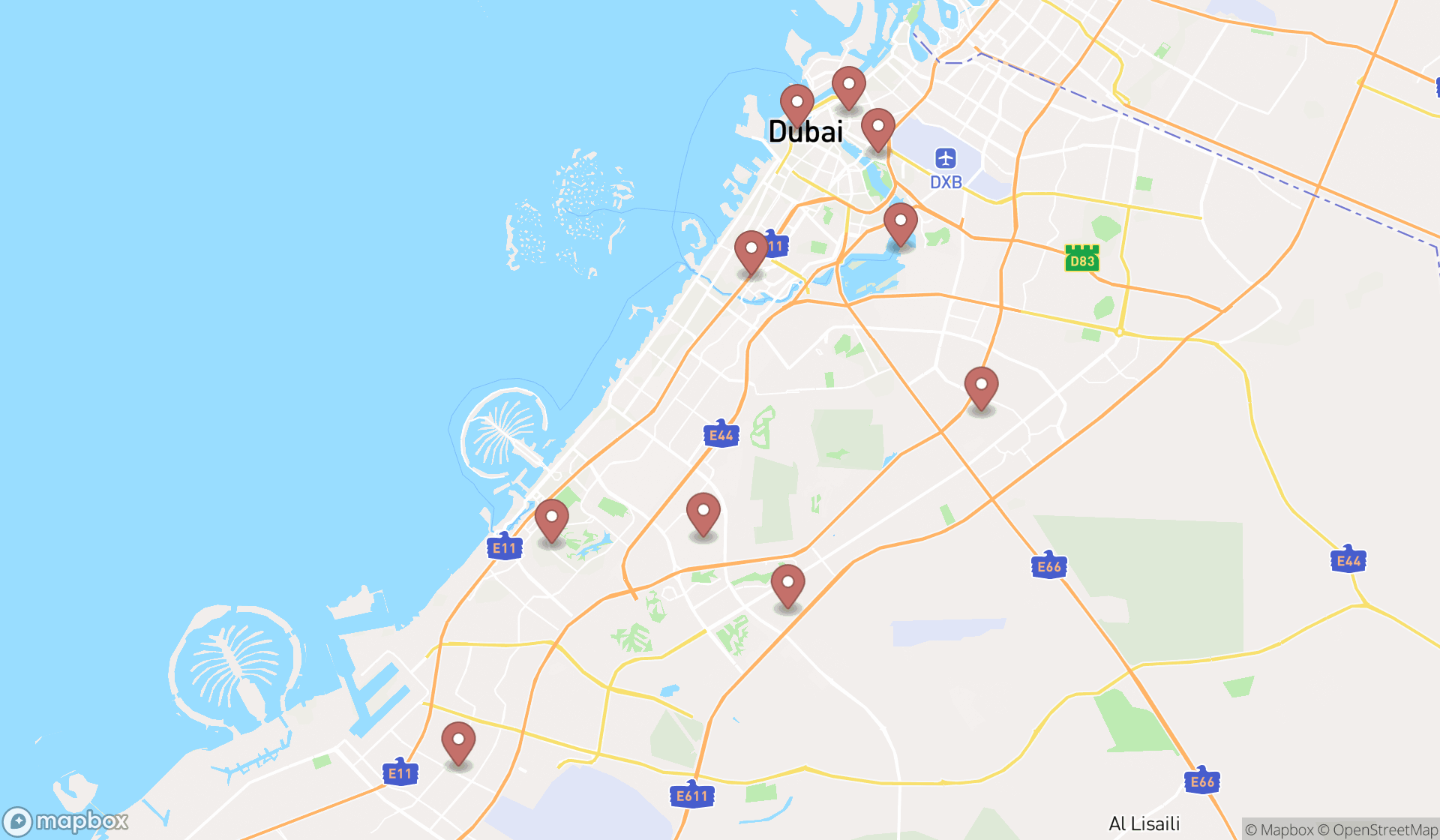 Map showing the ranked alcoholic beverage wholesalers in Dubai, Dubai