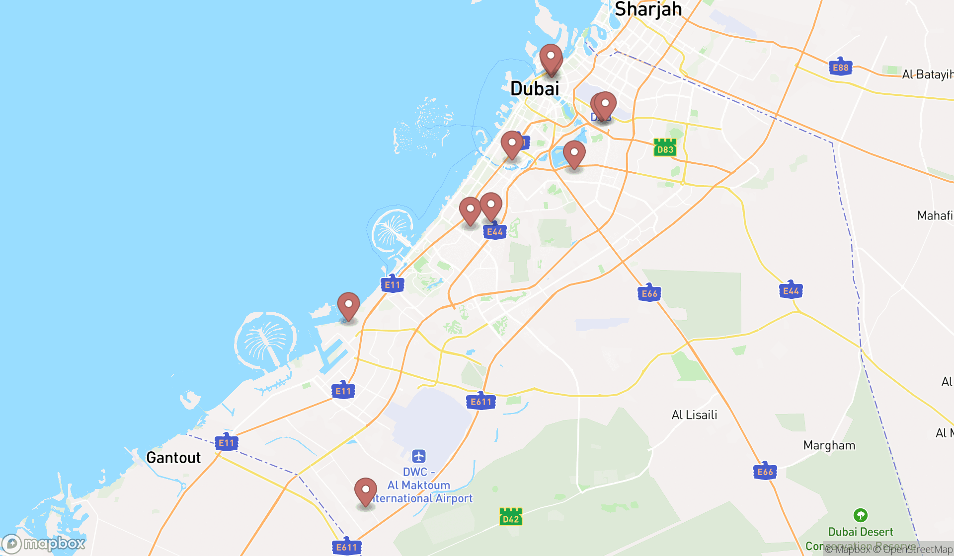 Map showing the ranked aluminum suppliers in Dubai, Dubai