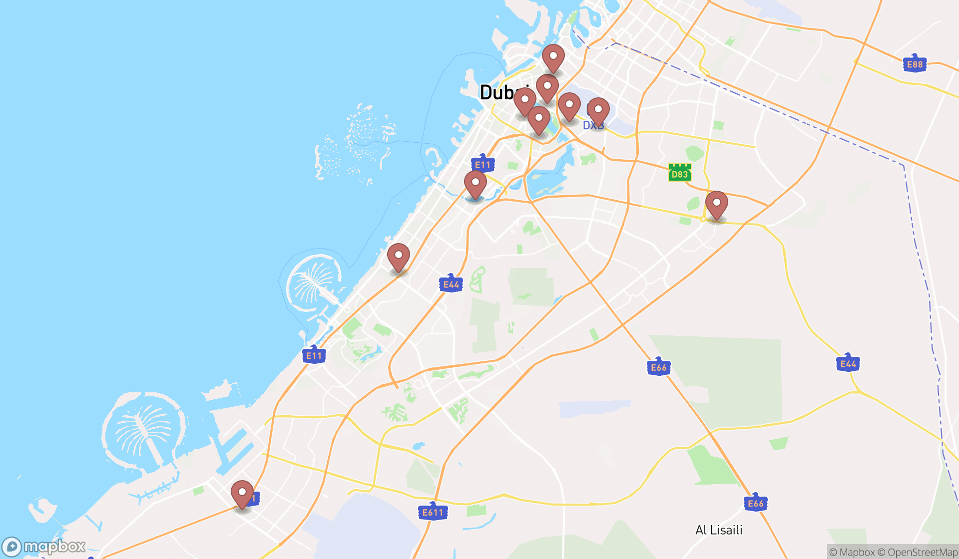 Map showing the ranked ambulance services in Dubai, Dubai