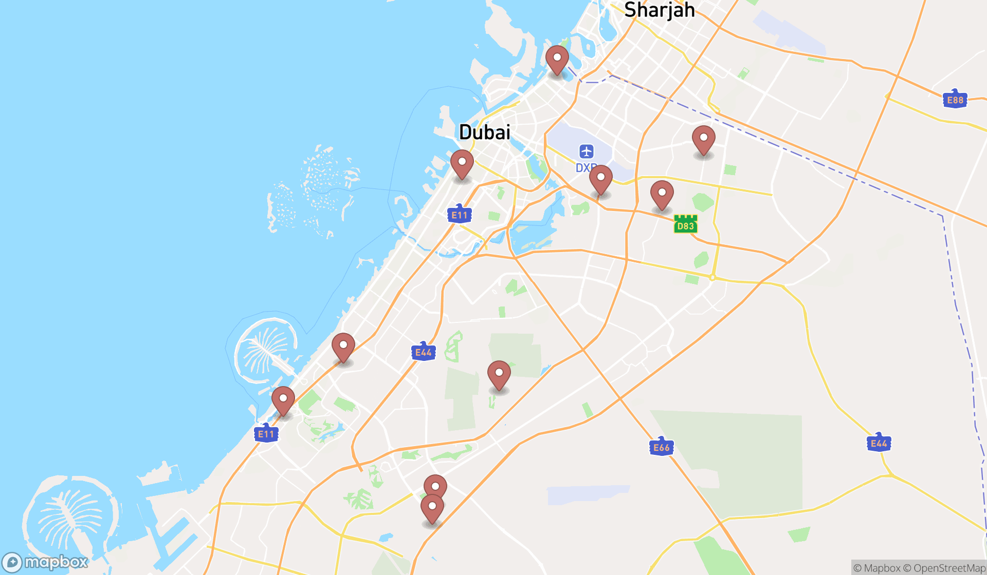 Map showing the ranked american football fields in Dubai, Dubai