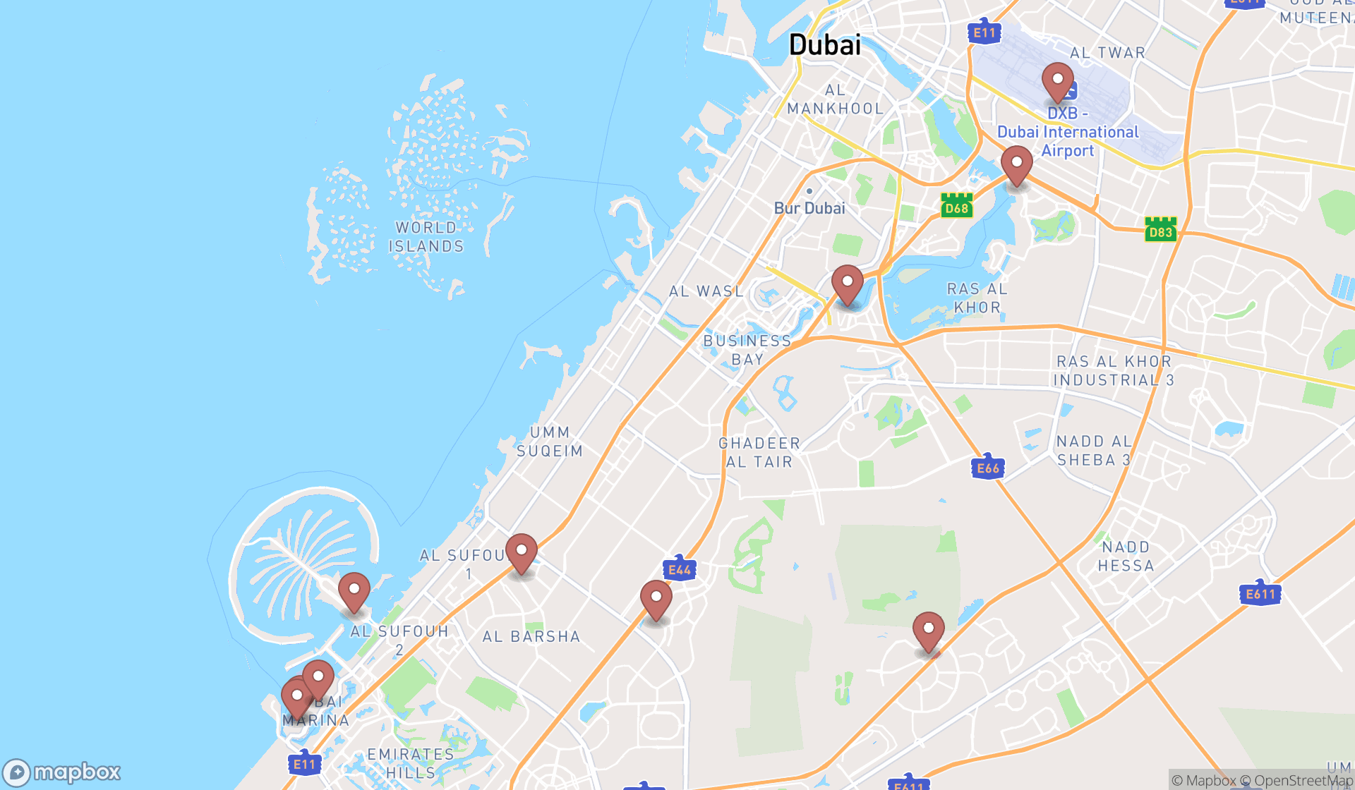 Map showing the ranked american restaurants in Dubai, Dubai