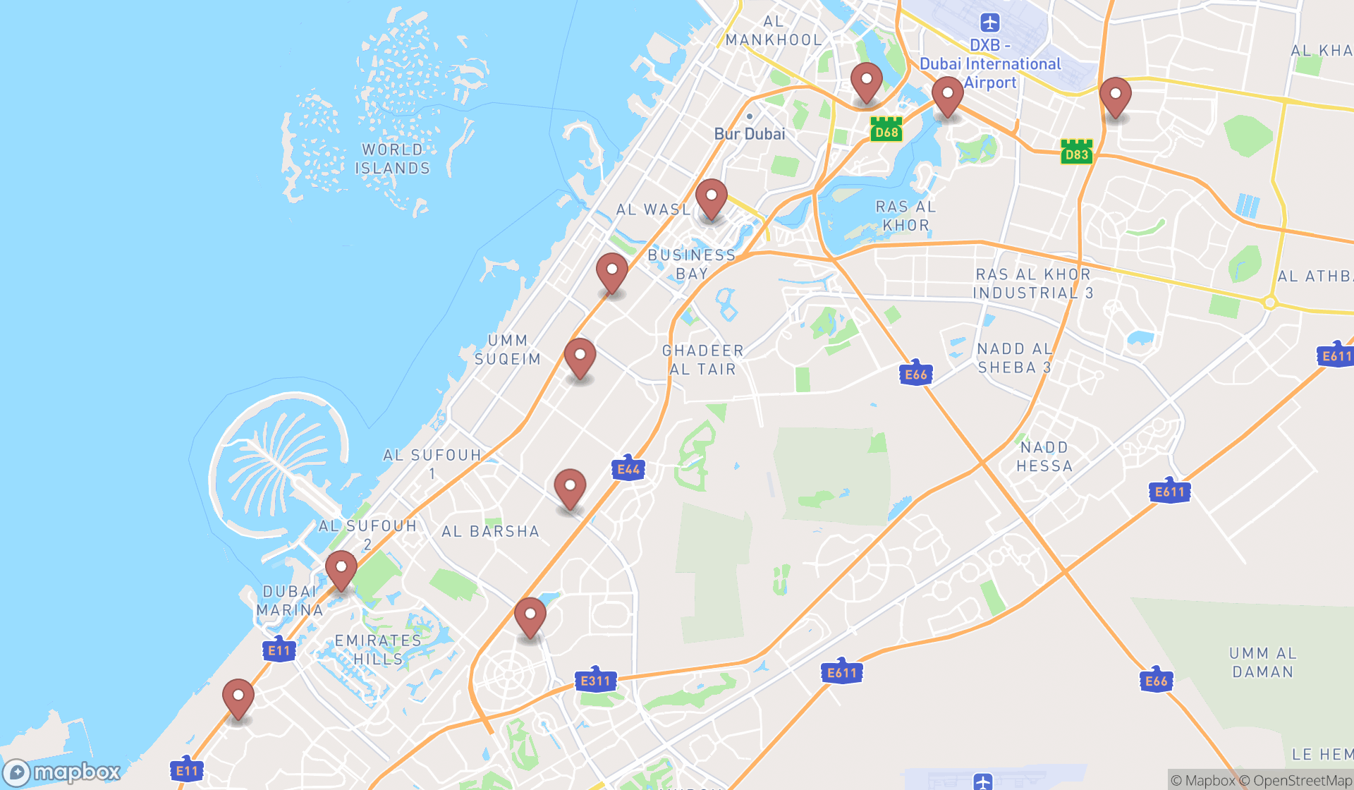 Map showing the ranked amusement centers in Dubai, Dubai