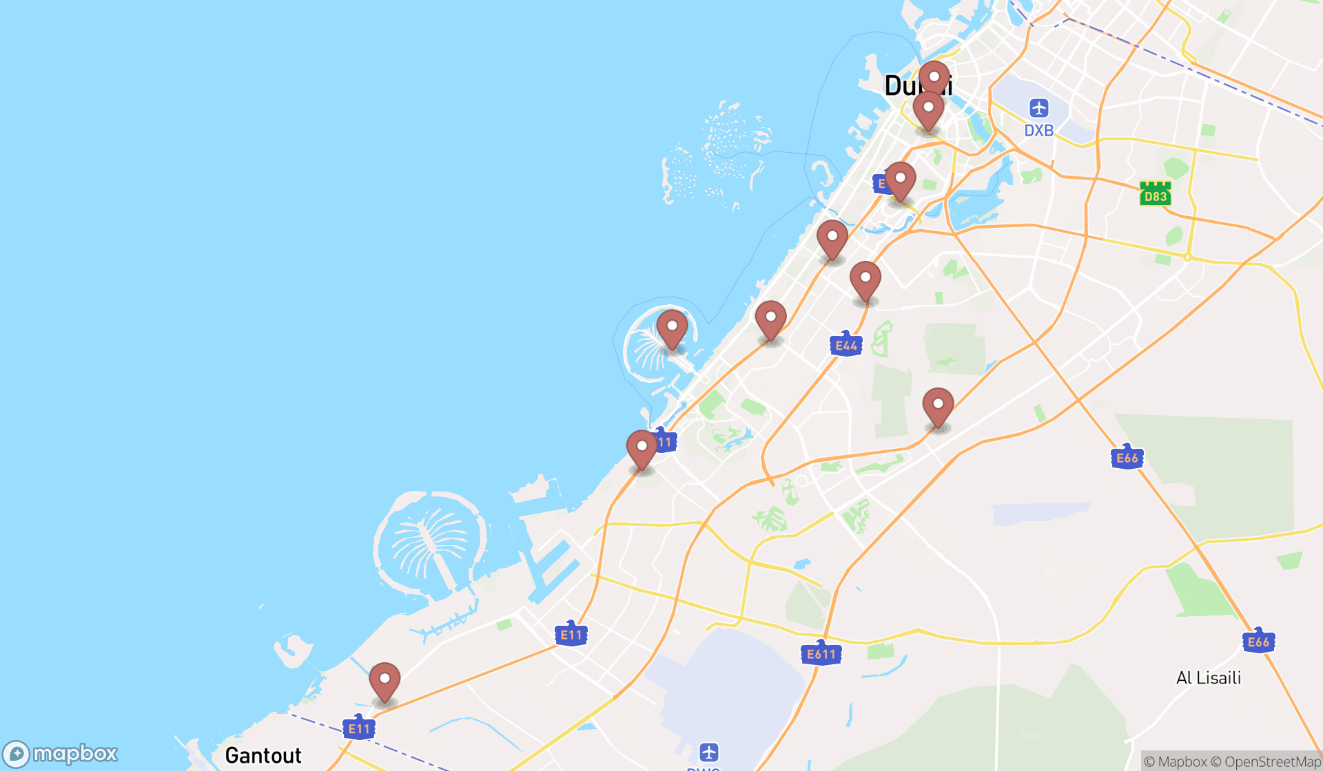 Map showing the ranked amusement parks in Dubai, Dubai