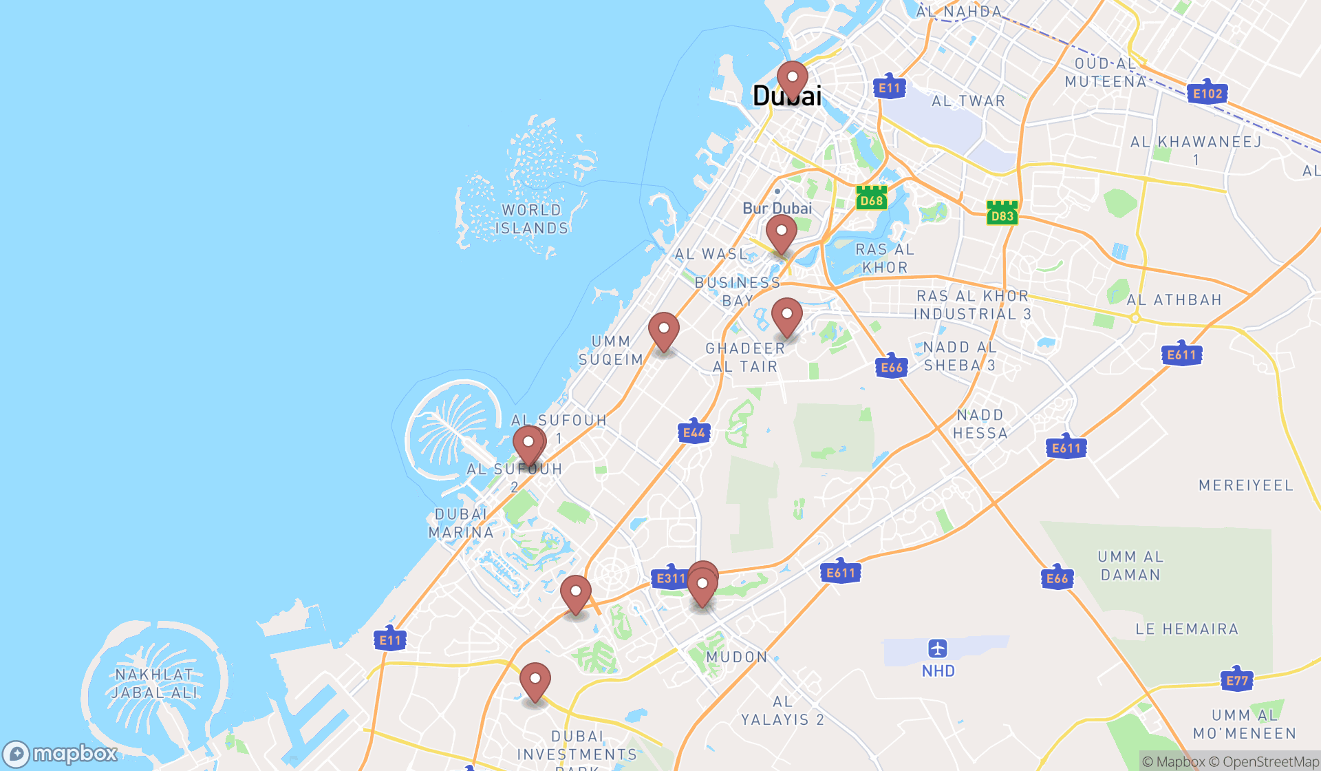 Map showing the ranked animation studios in Dubai, Dubai