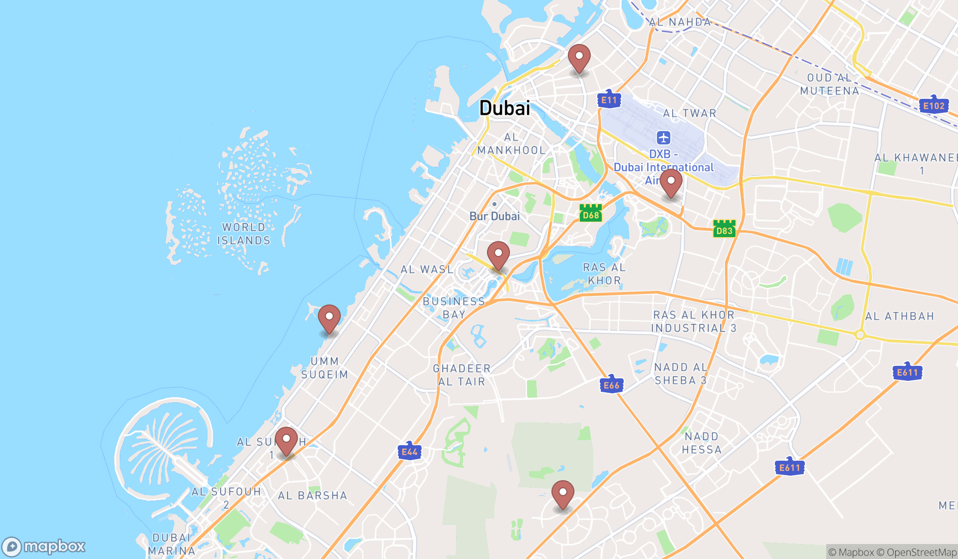 Map showing the ranked aquatic centers in Dubai, Dubai