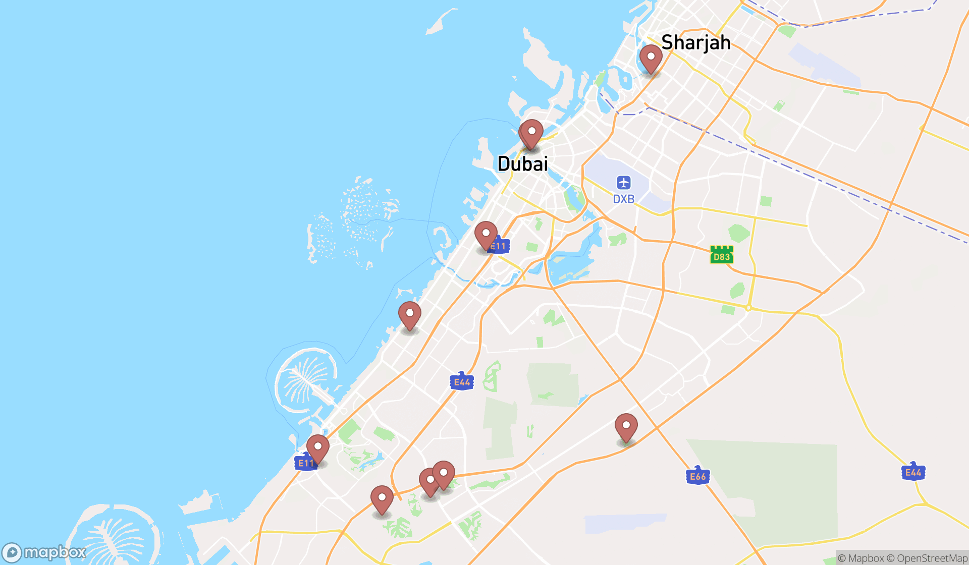 Map showing the ranked arenas in Dubai, Dubai