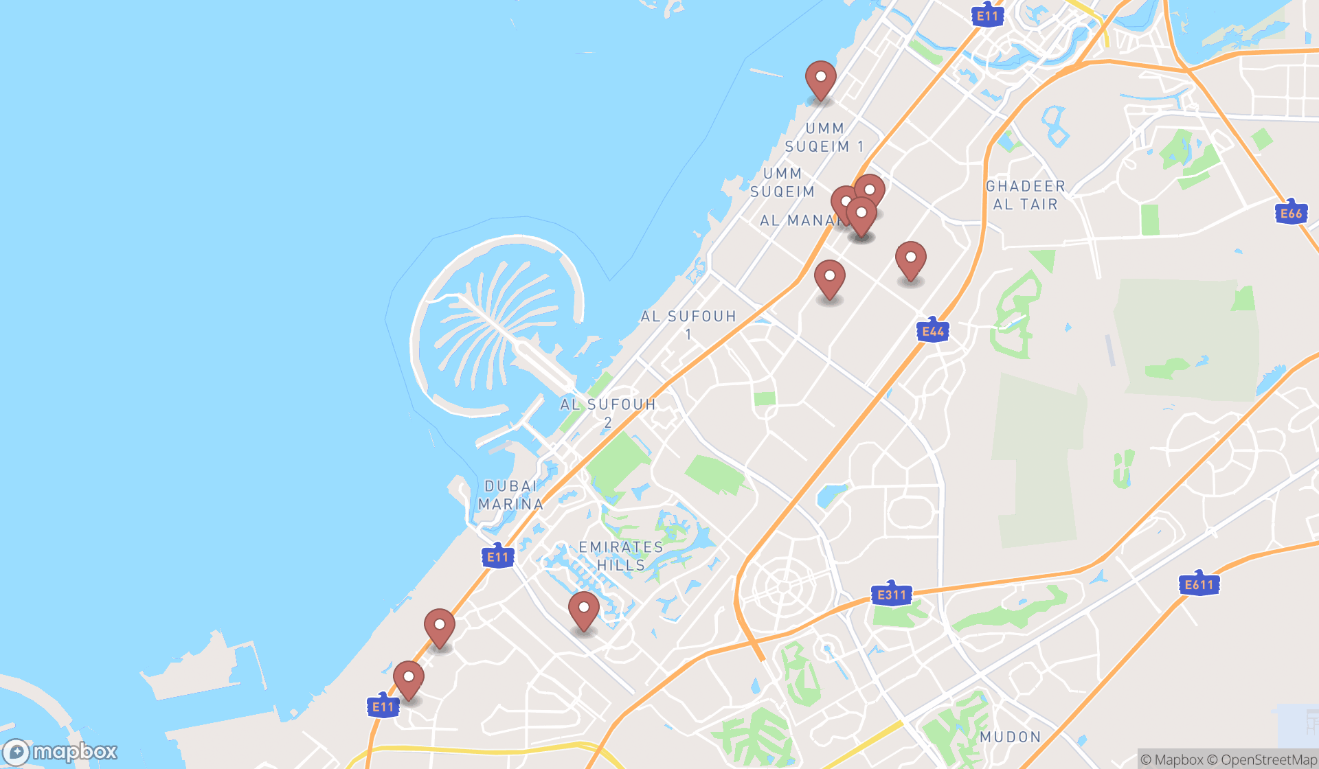 Map showing the ranked art centers in Dubai, Dubai