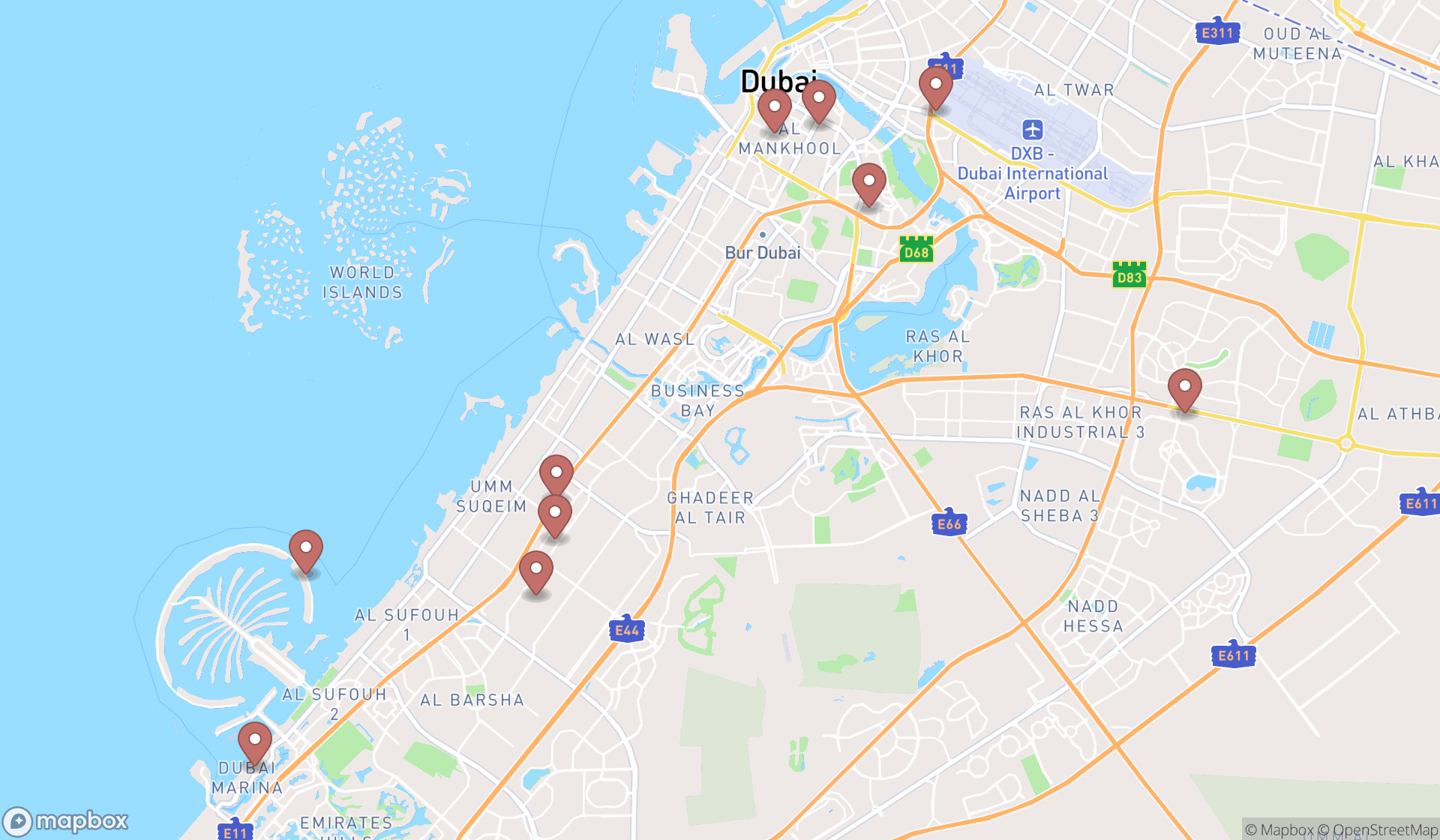 Map showing the ranked art dealers in Dubai, Dubai