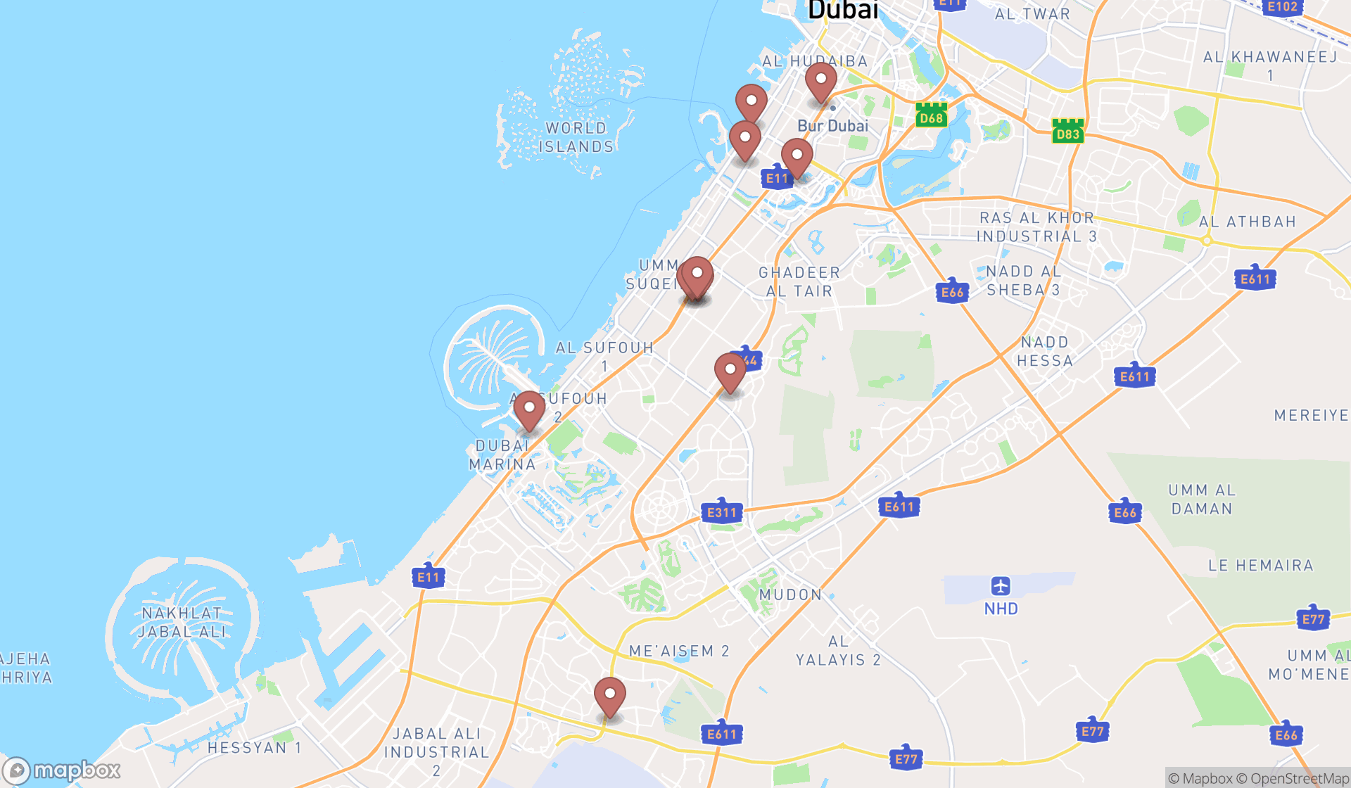 Map showing the ranked art galleries in Dubai, Dubai