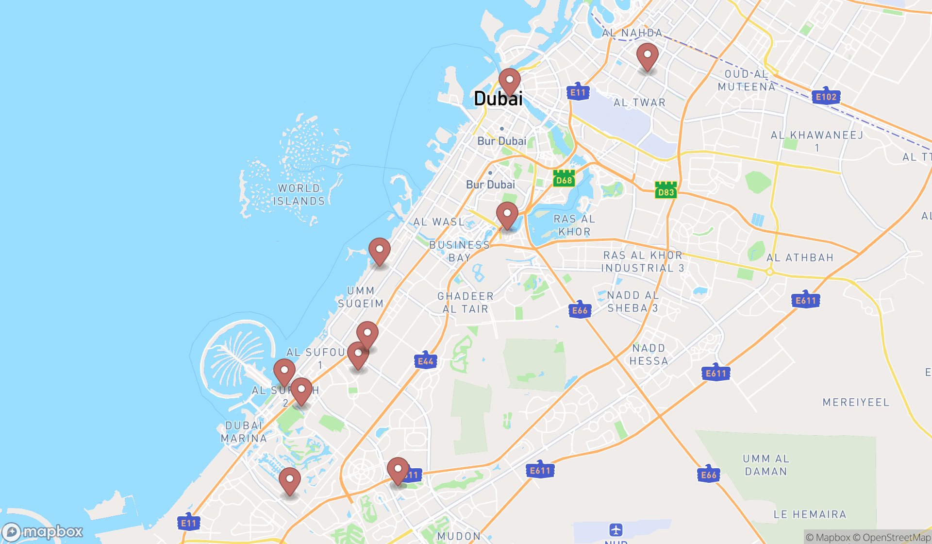 Map showing the ranked art schools in Dubai, Dubai