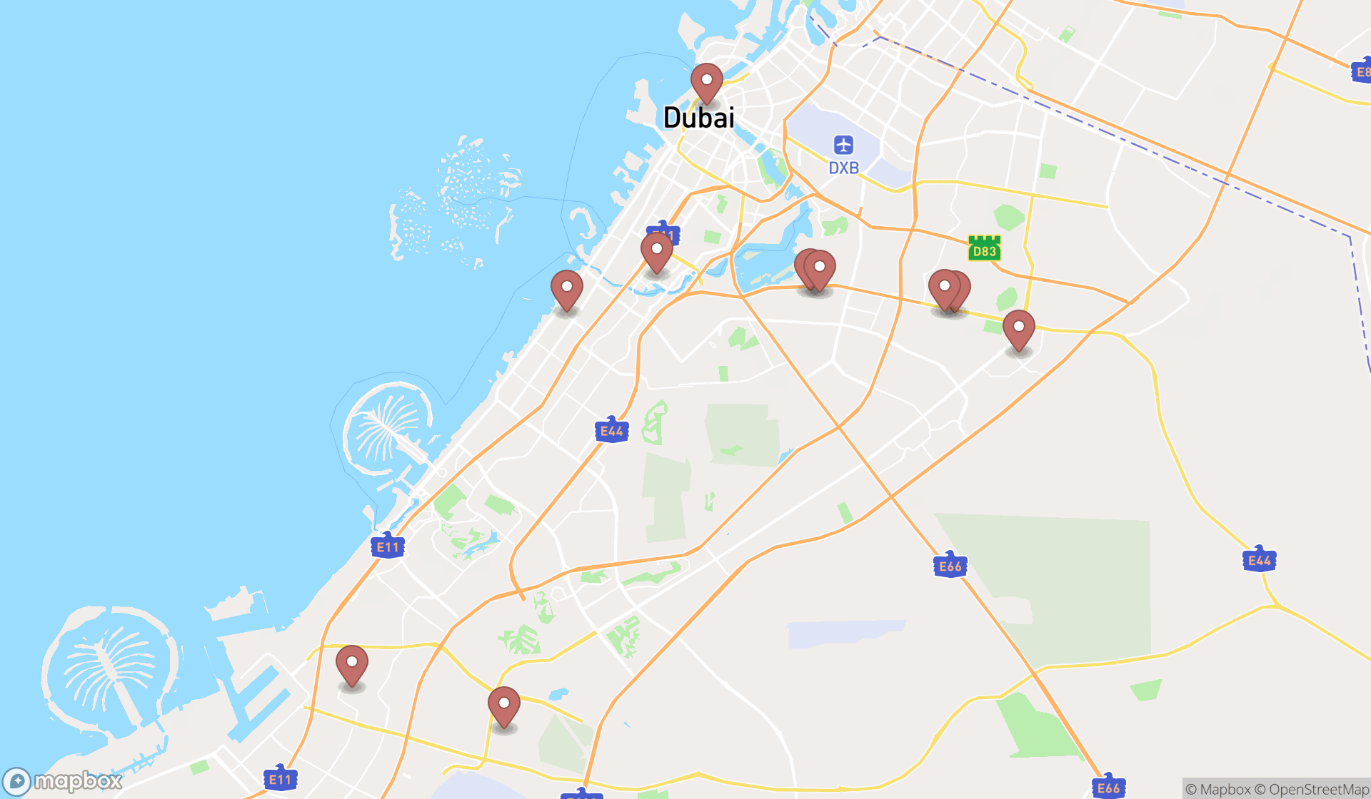Map showing the ranked artificial plant suppliers in Dubai, Dubai