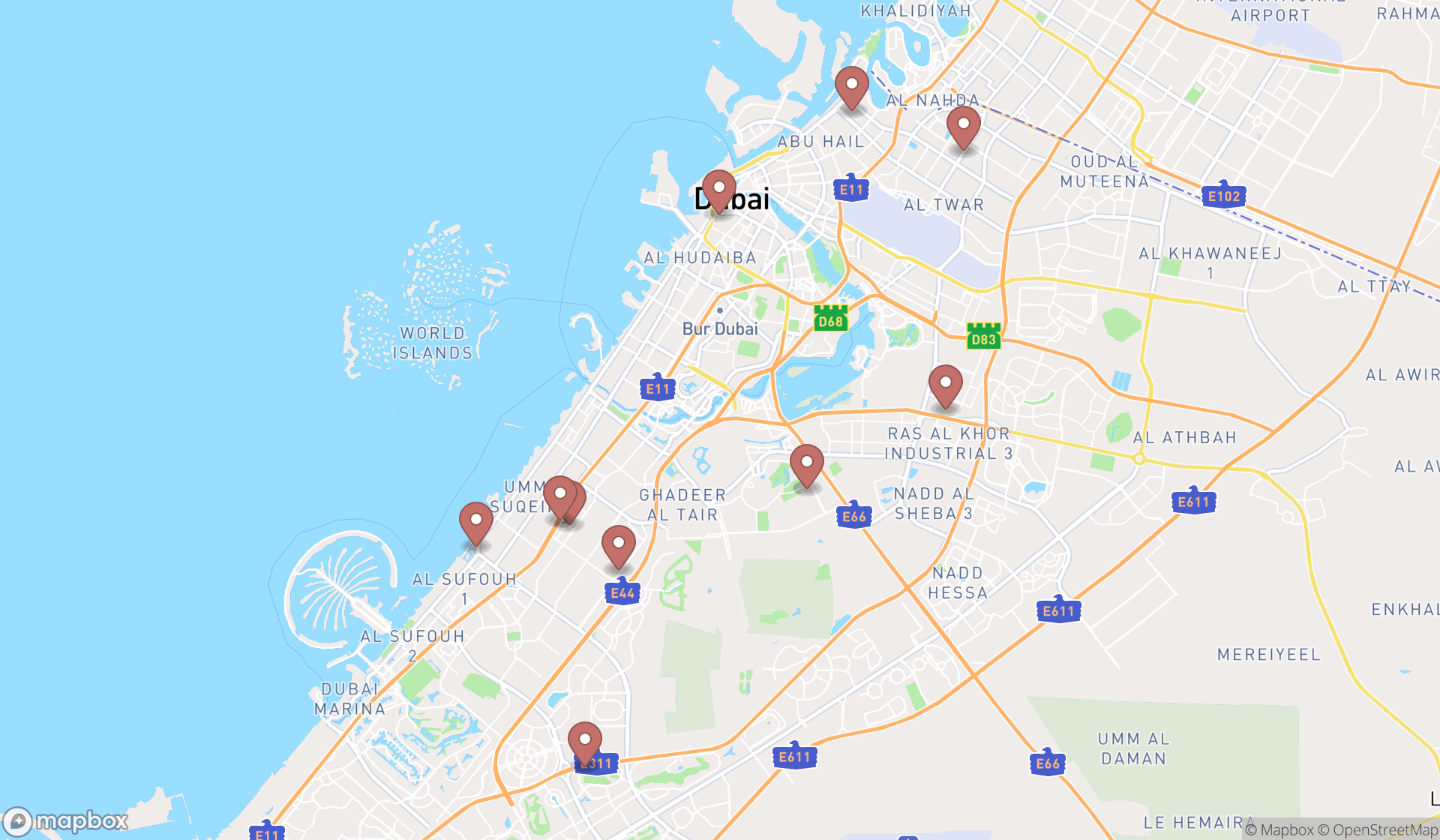 Map showing the ranked arts organizations in Dubai, Dubai