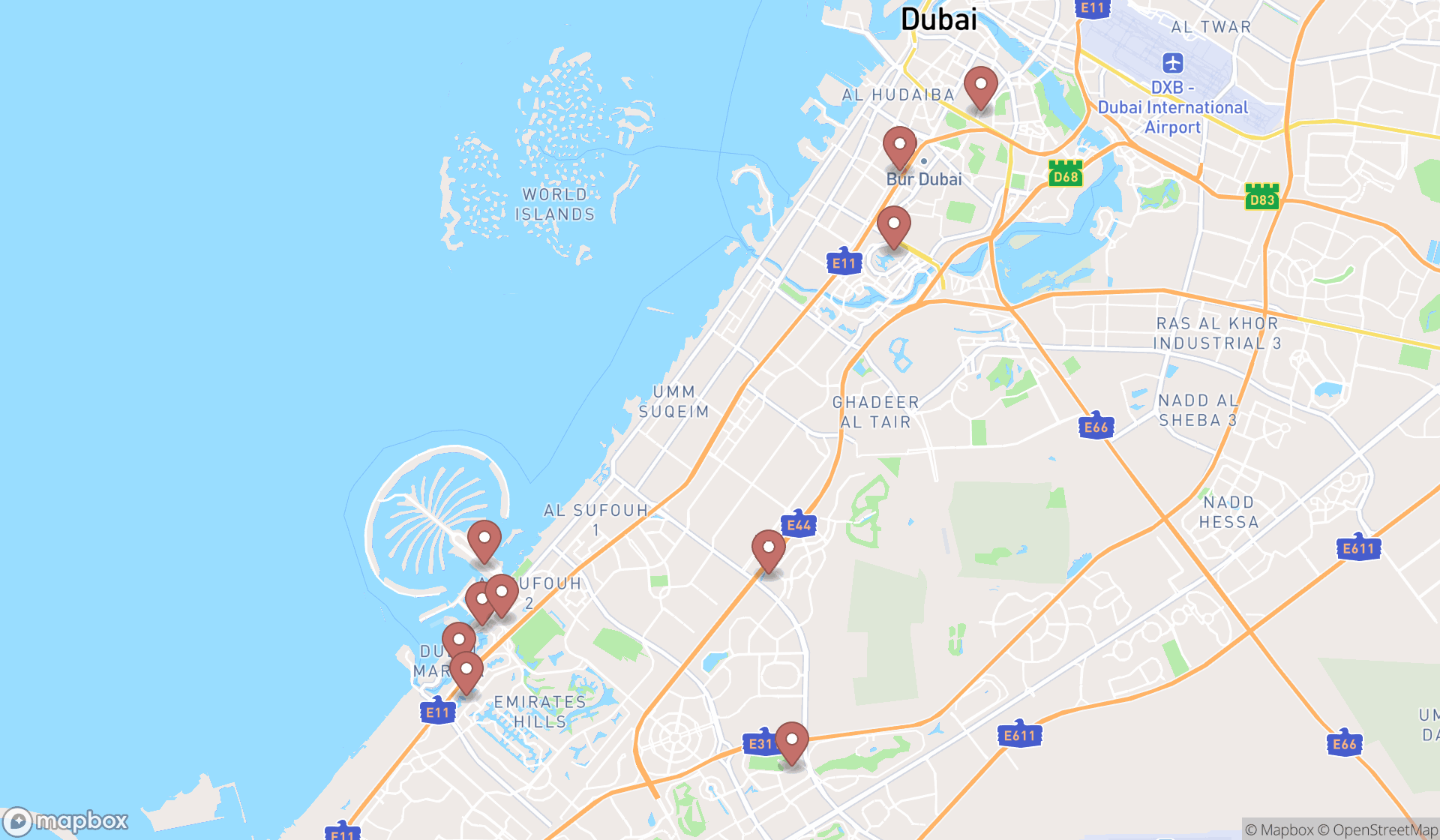 Map showing the ranked asian fusion restaurants in Dubai, Dubai