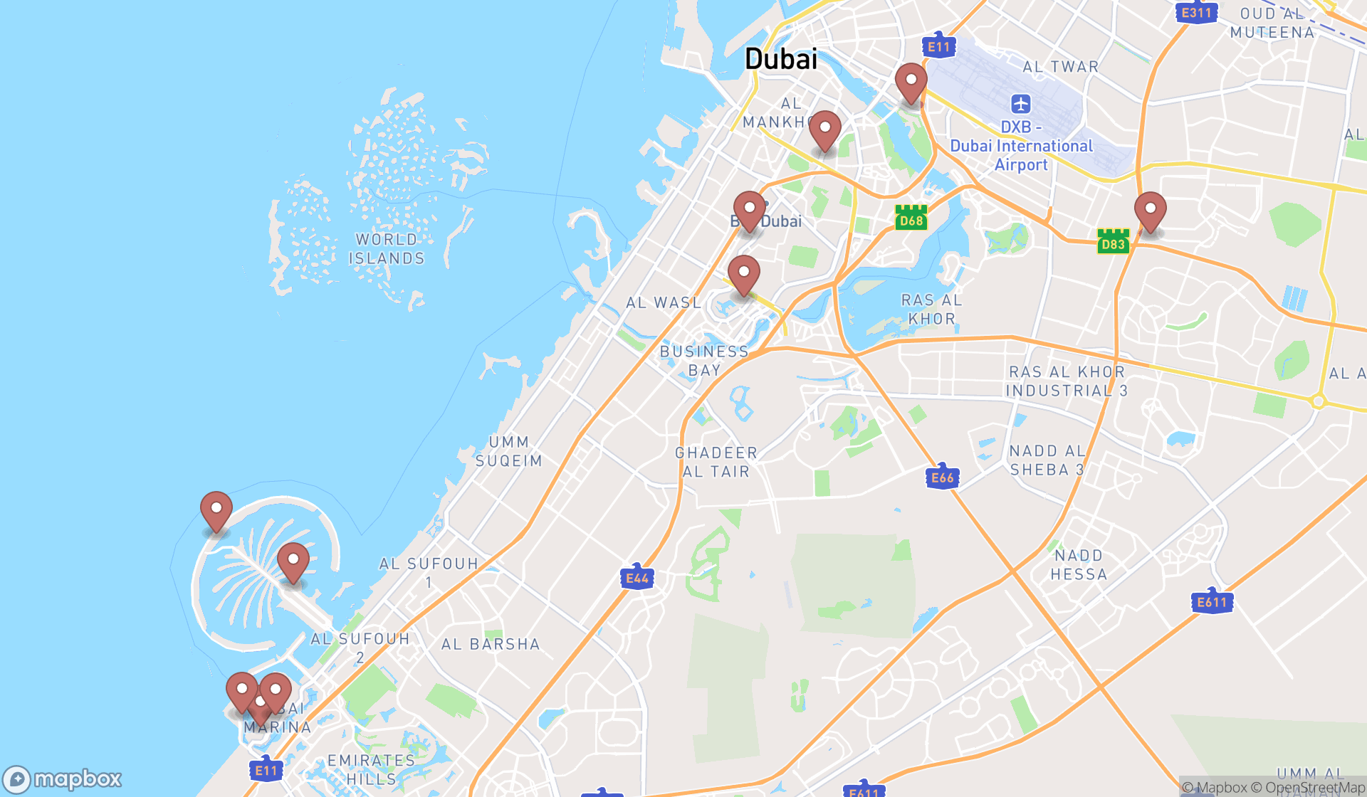 Map showing the ranked asian restaurants in Dubai, Dubai