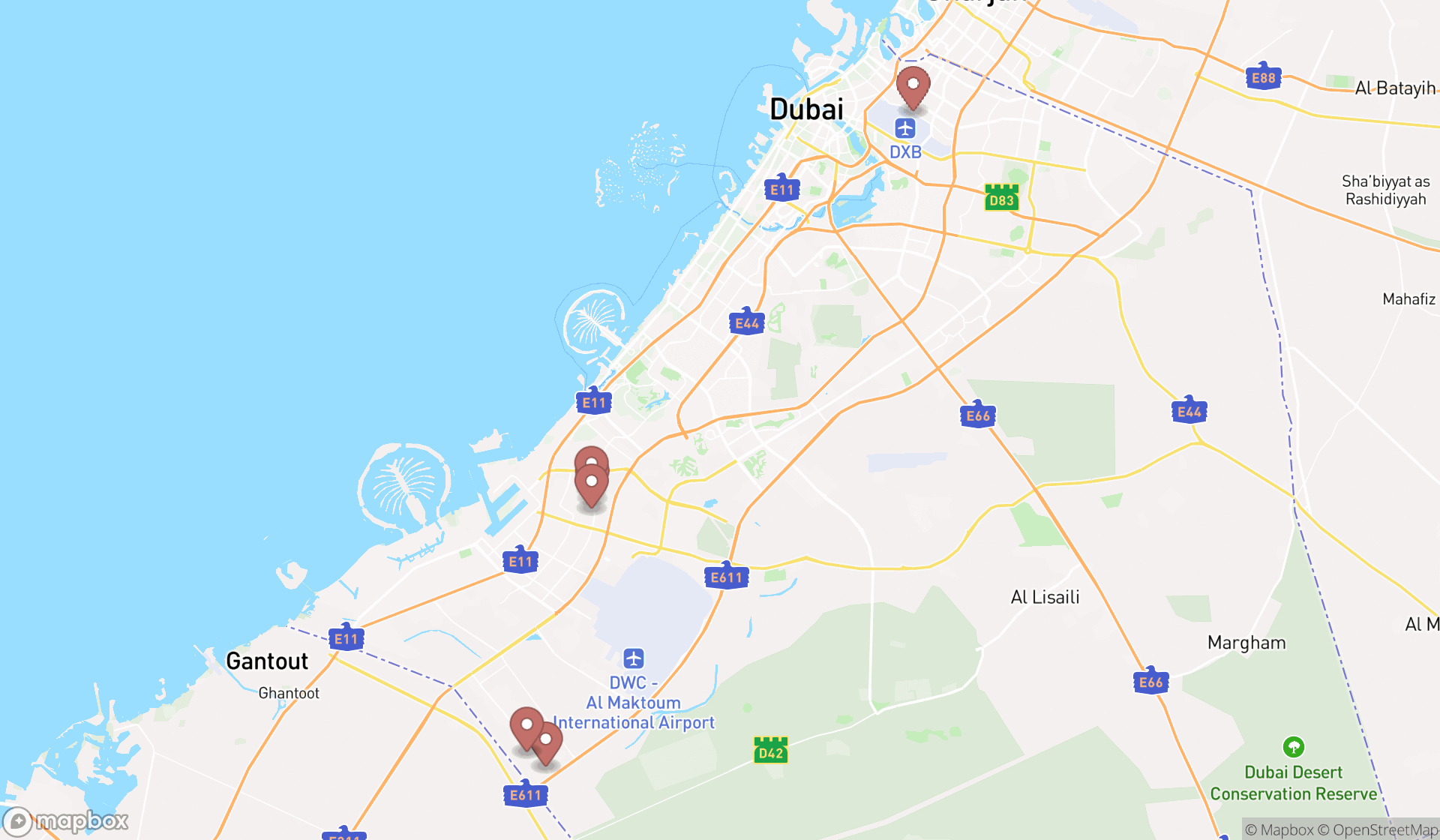 Map showing the ranked asphalt mixing plants in Dubai, Dubai