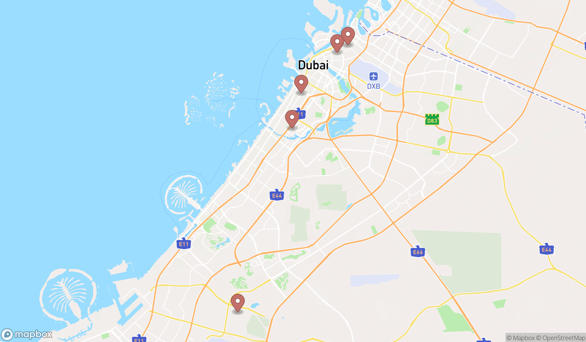 Map showing the ranked assembly halls in Dubai, Dubai