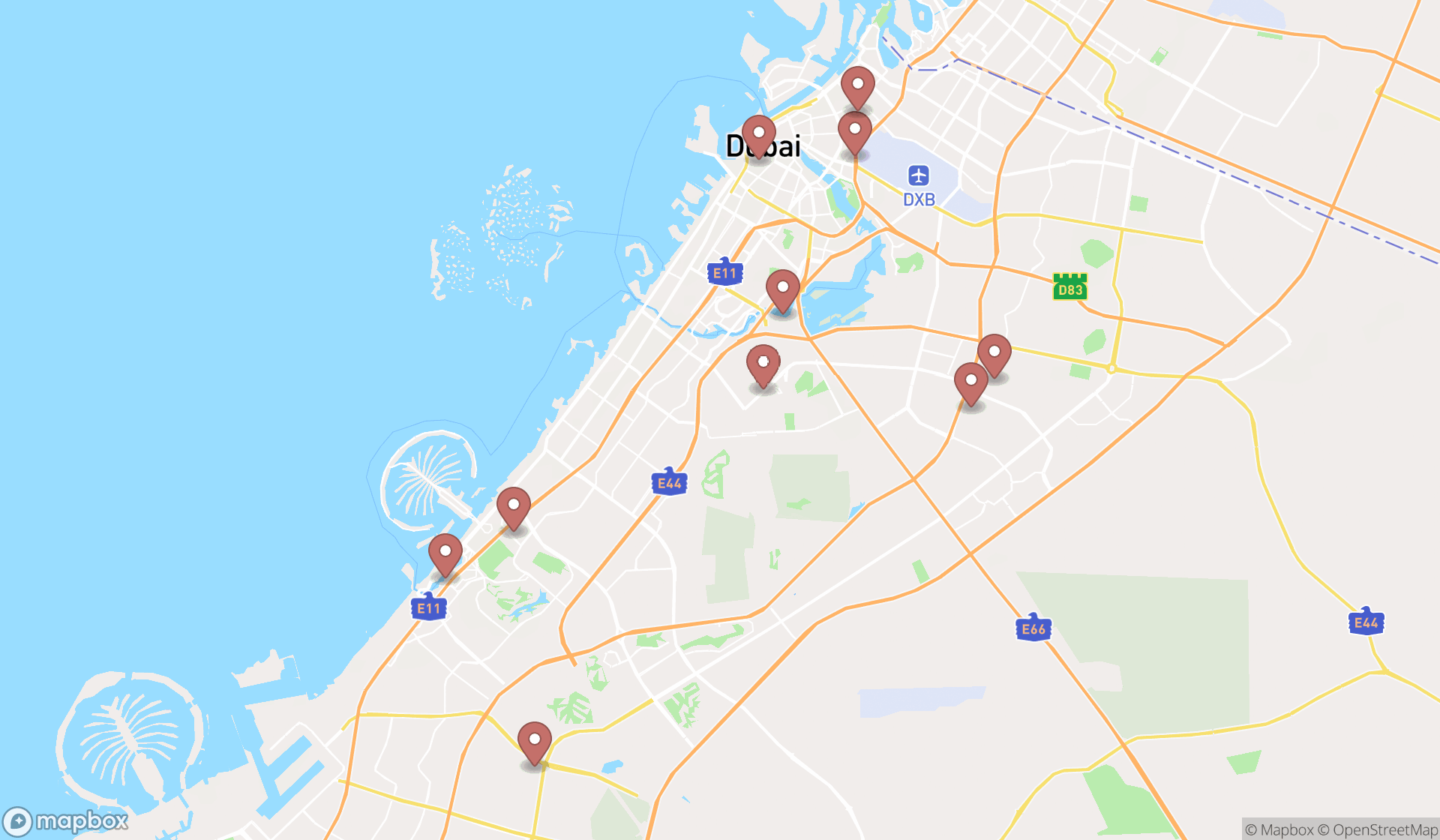 Map showing the ranked assisted living facilities in Dubai, Dubai