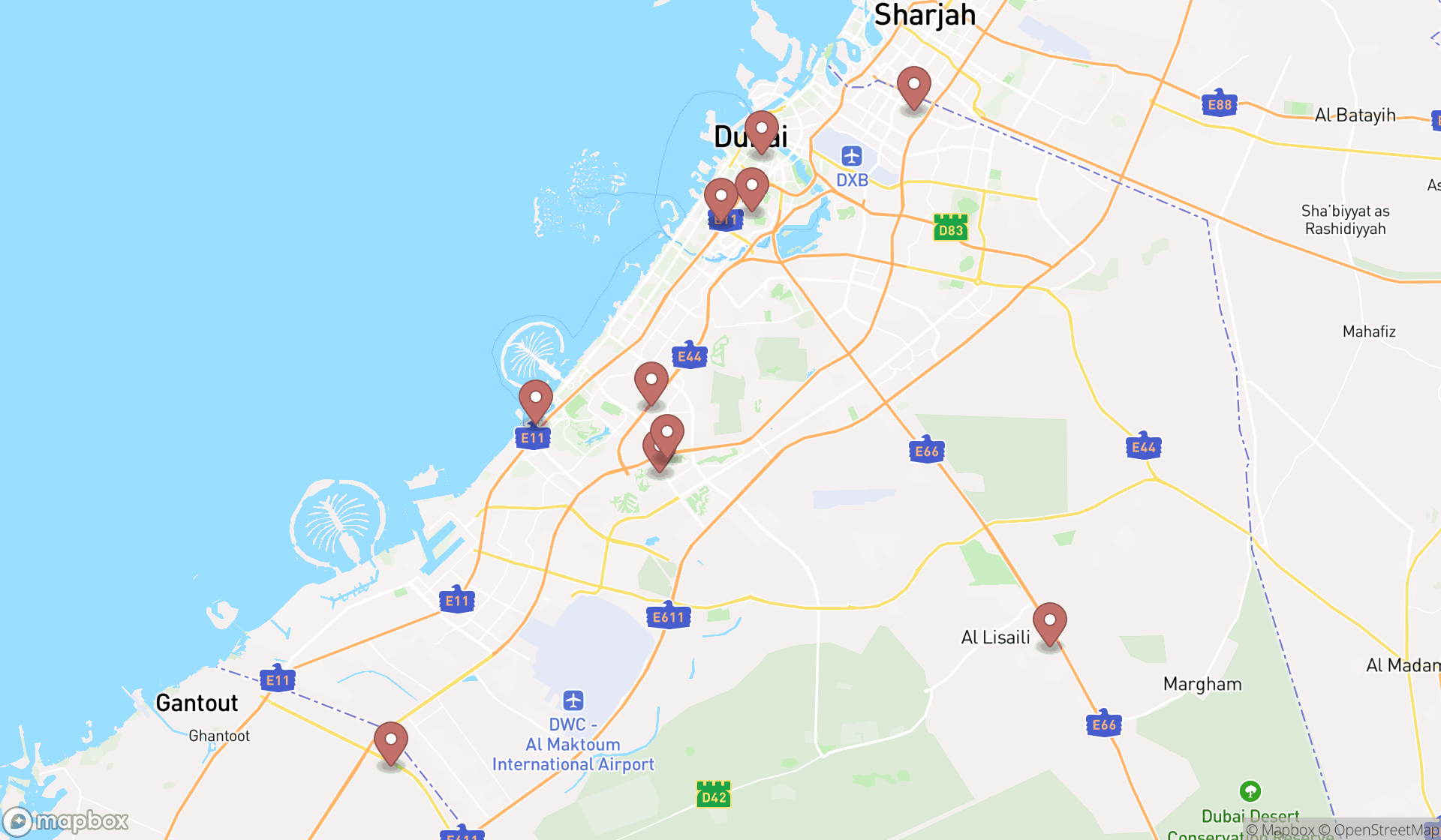 Map showing the ranked athletic clubs in Dubai, Dubai