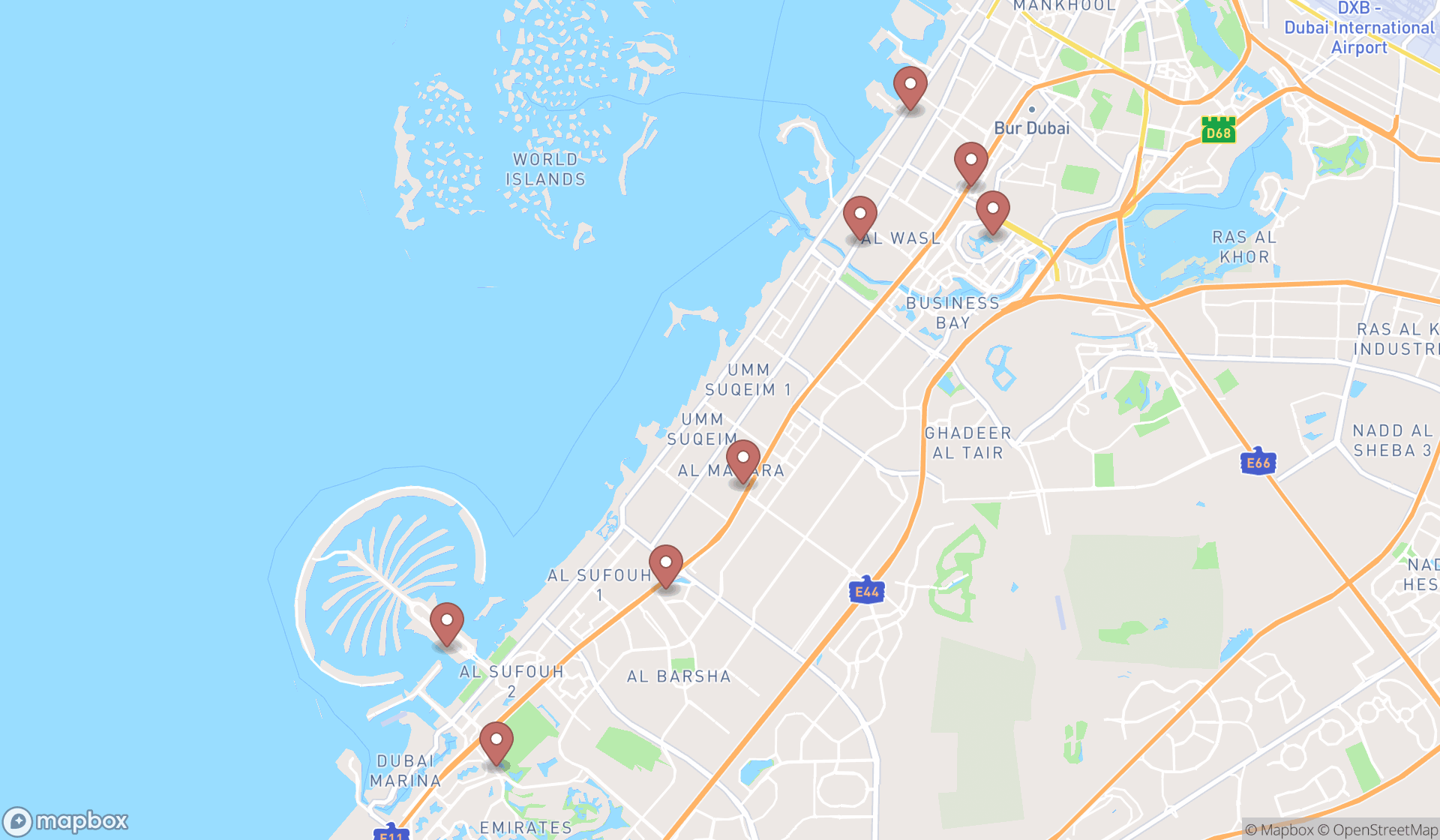 Map showing the ranked australian restaurants in Dubai, Dubai