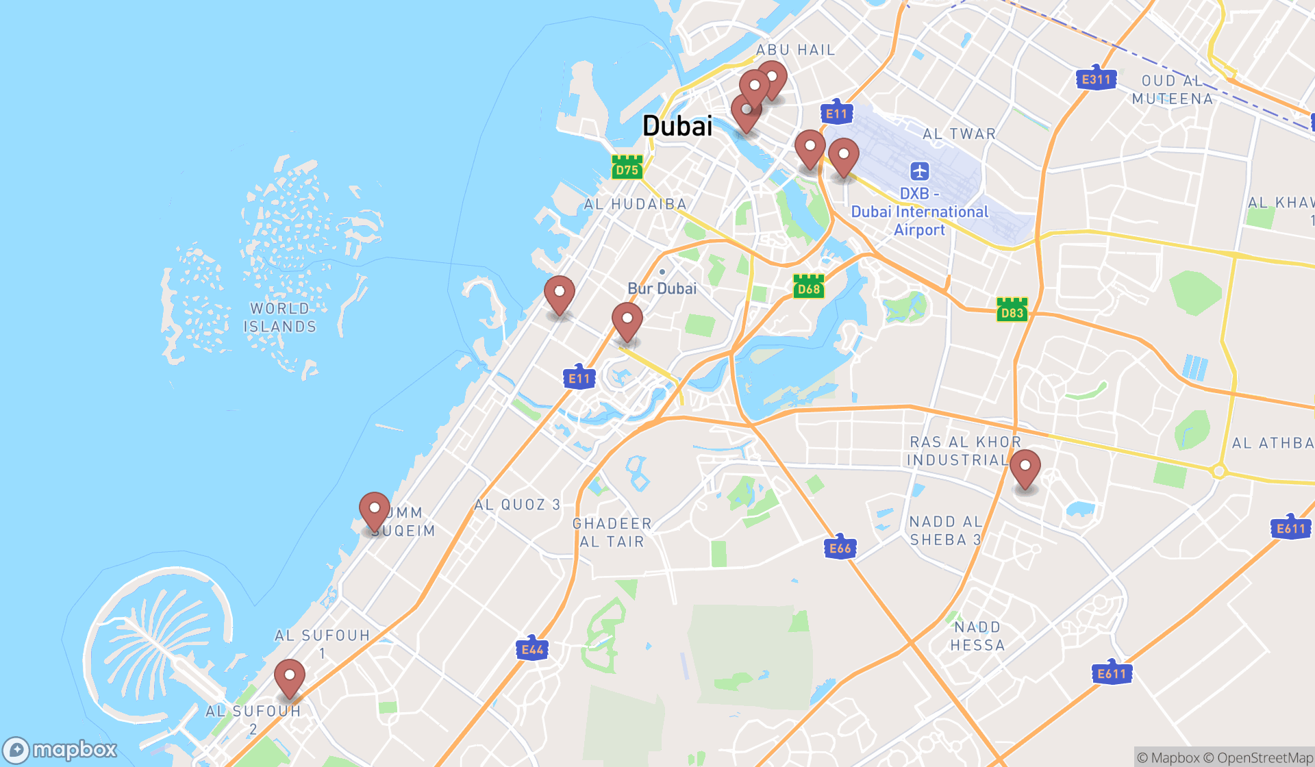 Map showing the ranked authentic japanese restaurants in Dubai, Dubai