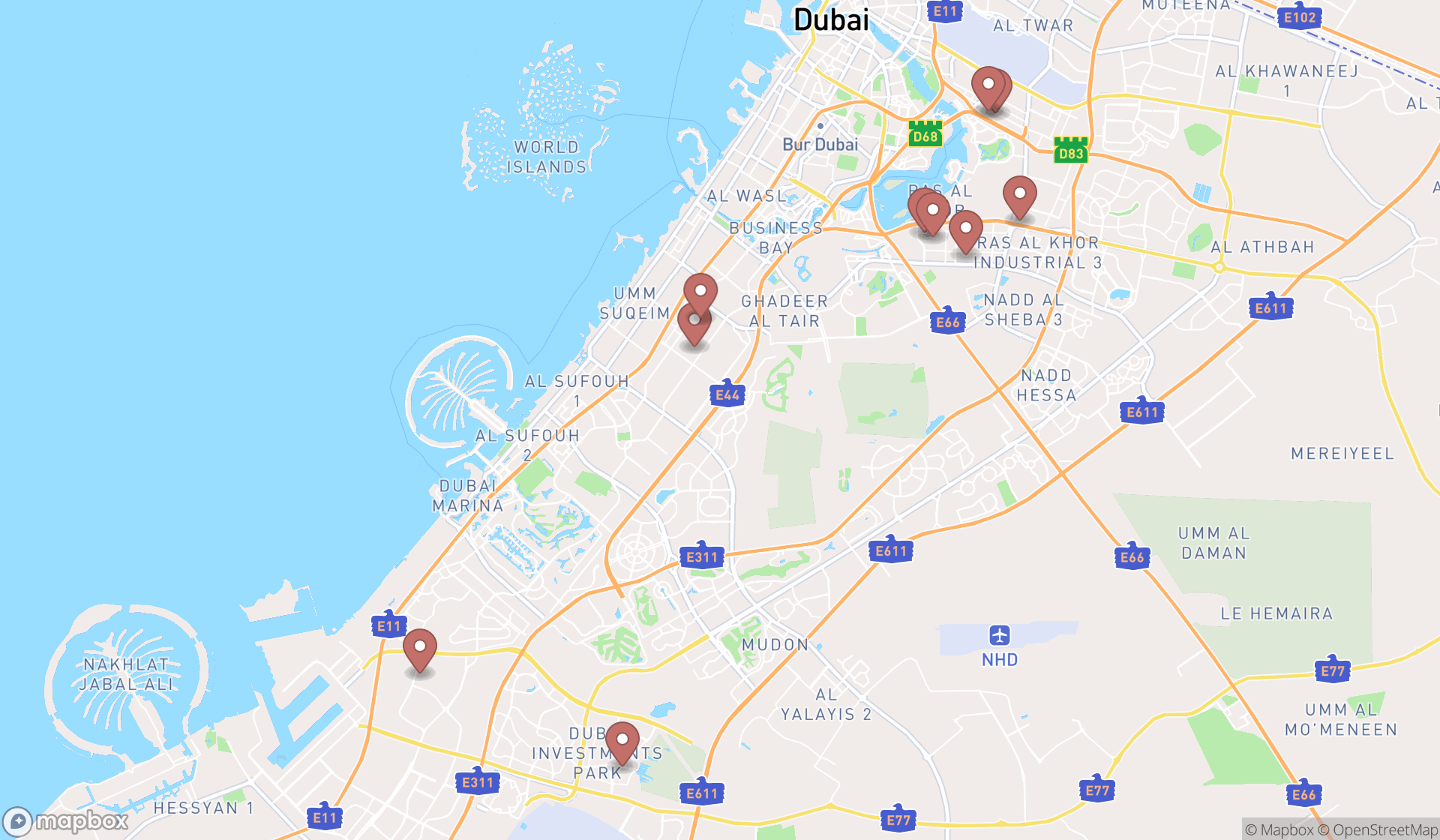 Map showing the ranked auto air conditioning services in Dubai, Dubai