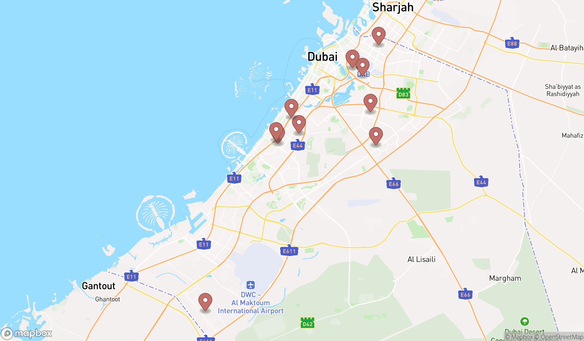 Map showing the ranked auto auctions in Dubai, Dubai