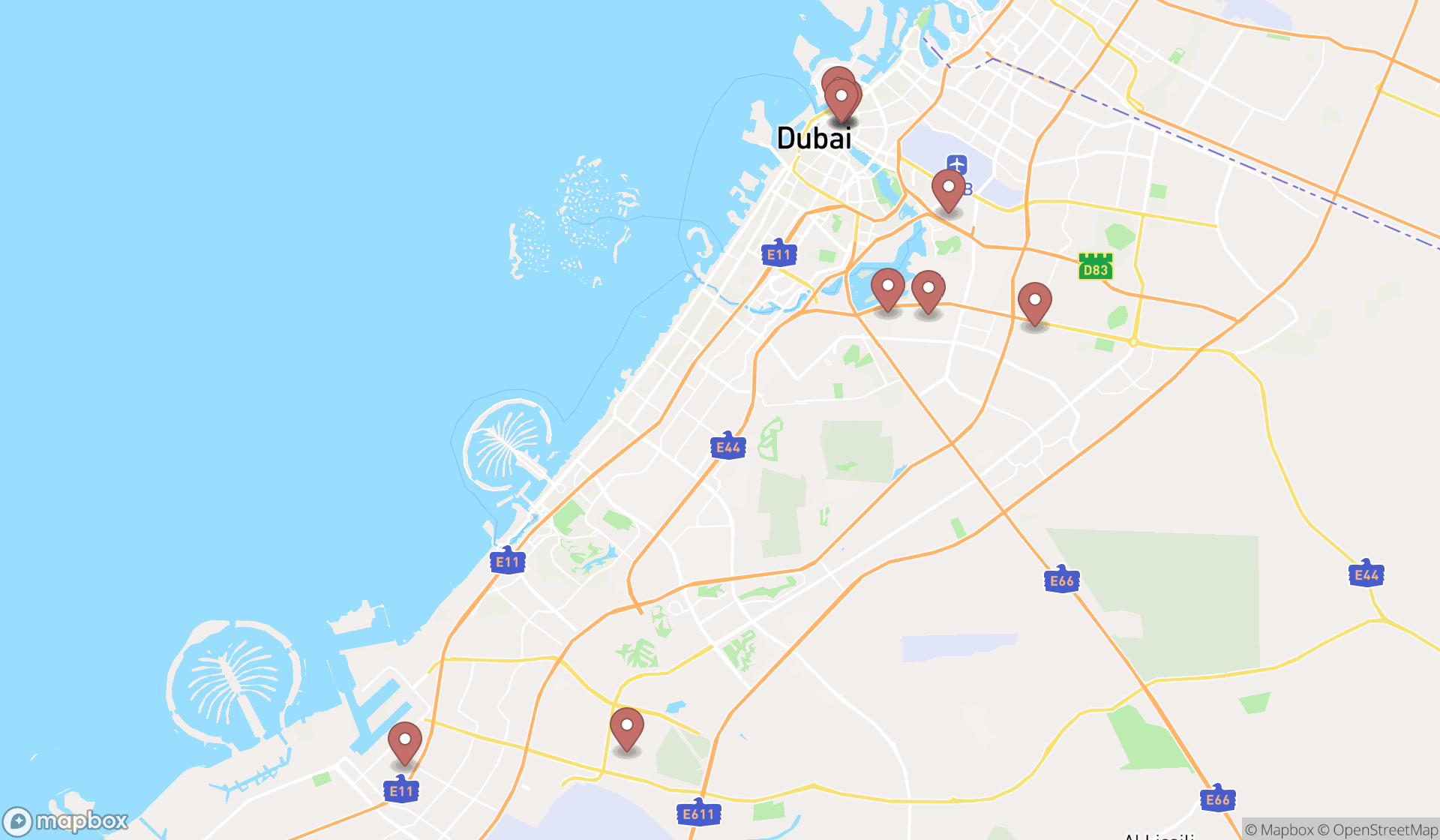 Map showing the ranked auto body parts suppliers in Dubai, Dubai