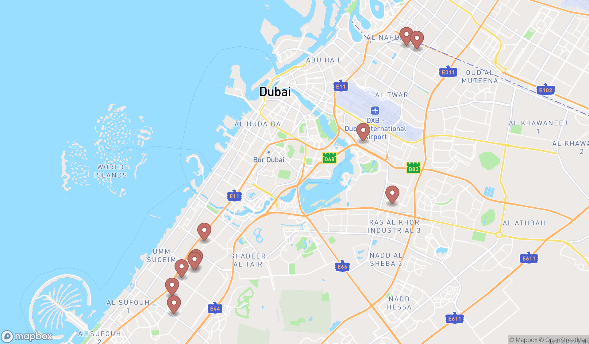 Map showing the ranked auto body shops in Dubai, Dubai