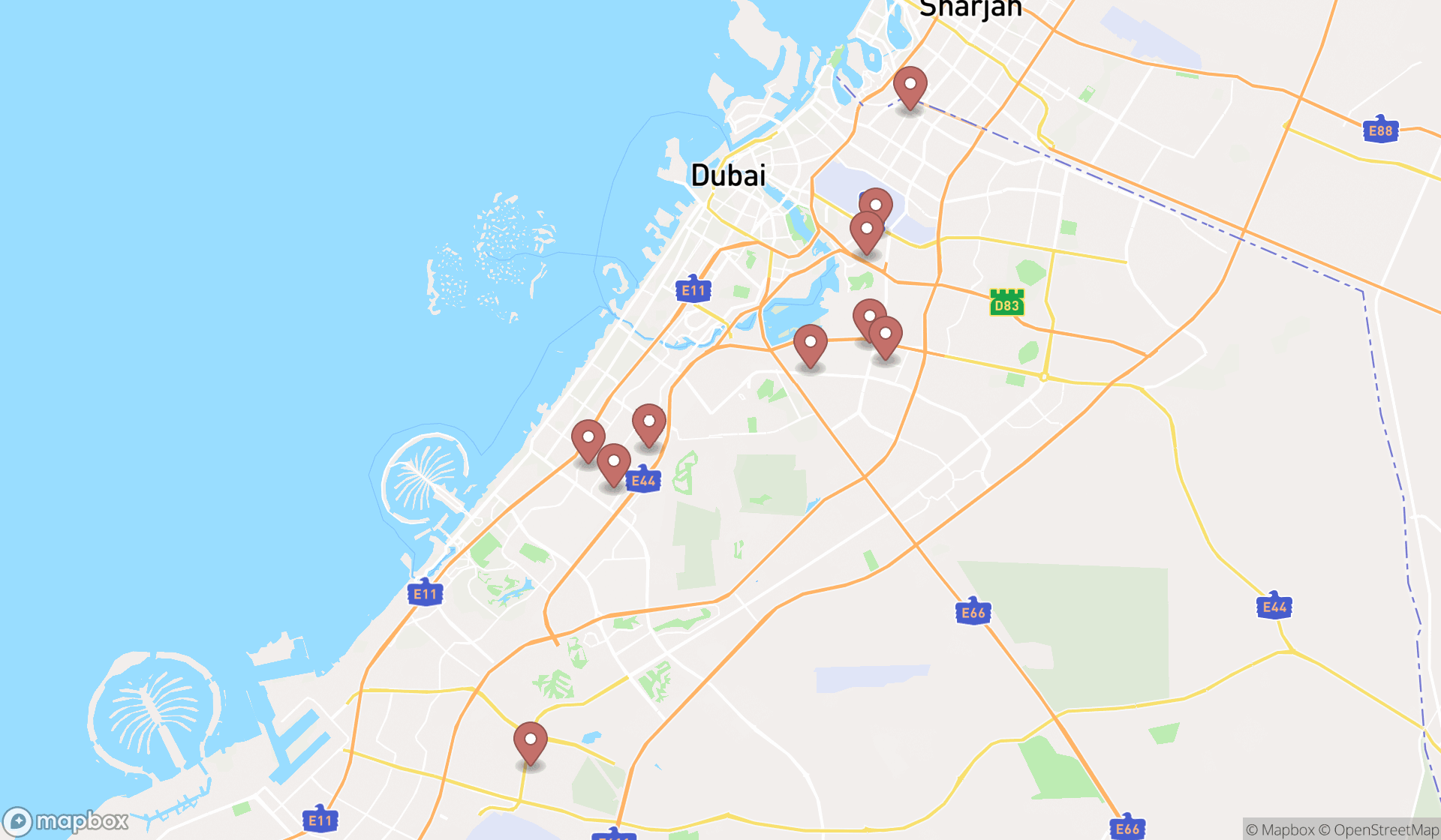 Map showing the ranked auto bodywork mechanics in Dubai, Dubai