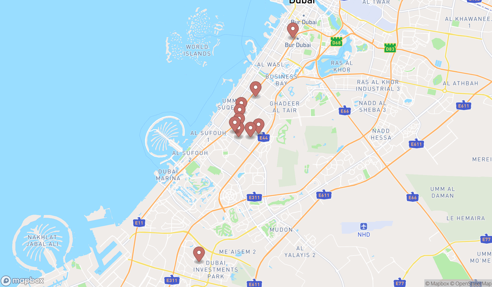 Map showing the ranked auto glass repair services in Dubai, Dubai
