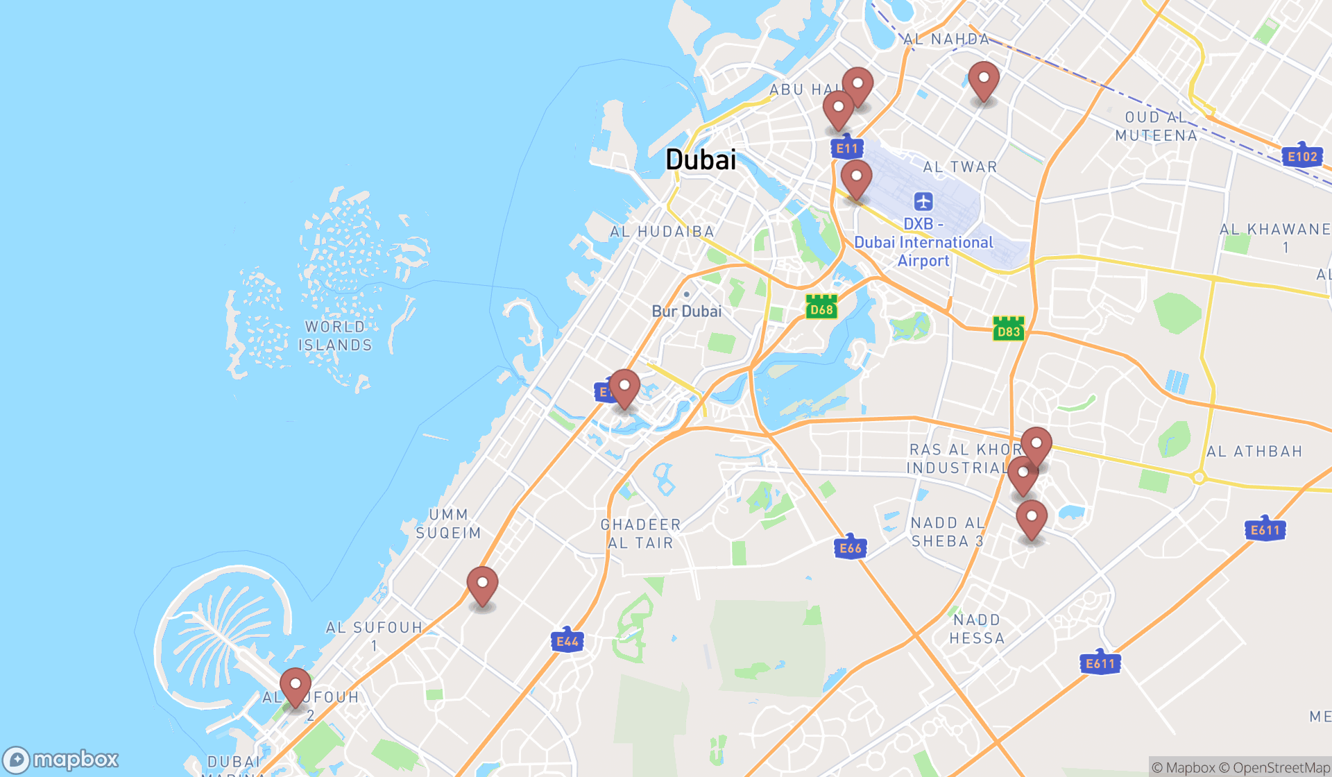 Map showing the ranked auto insurance agencies in Dubai, Dubai
