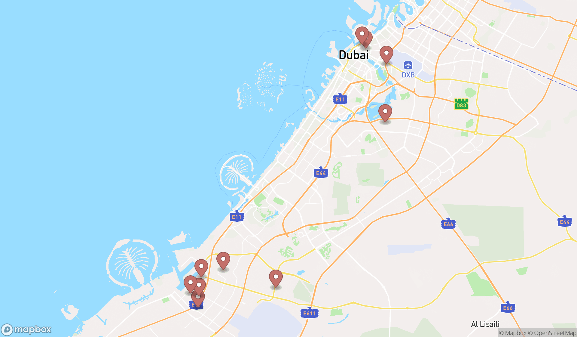 Map showing the ranked auto parts manufacturers in Dubai, Dubai