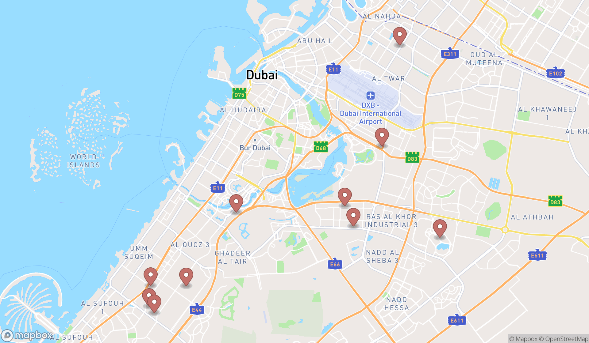 Map showing the ranked auto parts stores in Dubai, Dubai