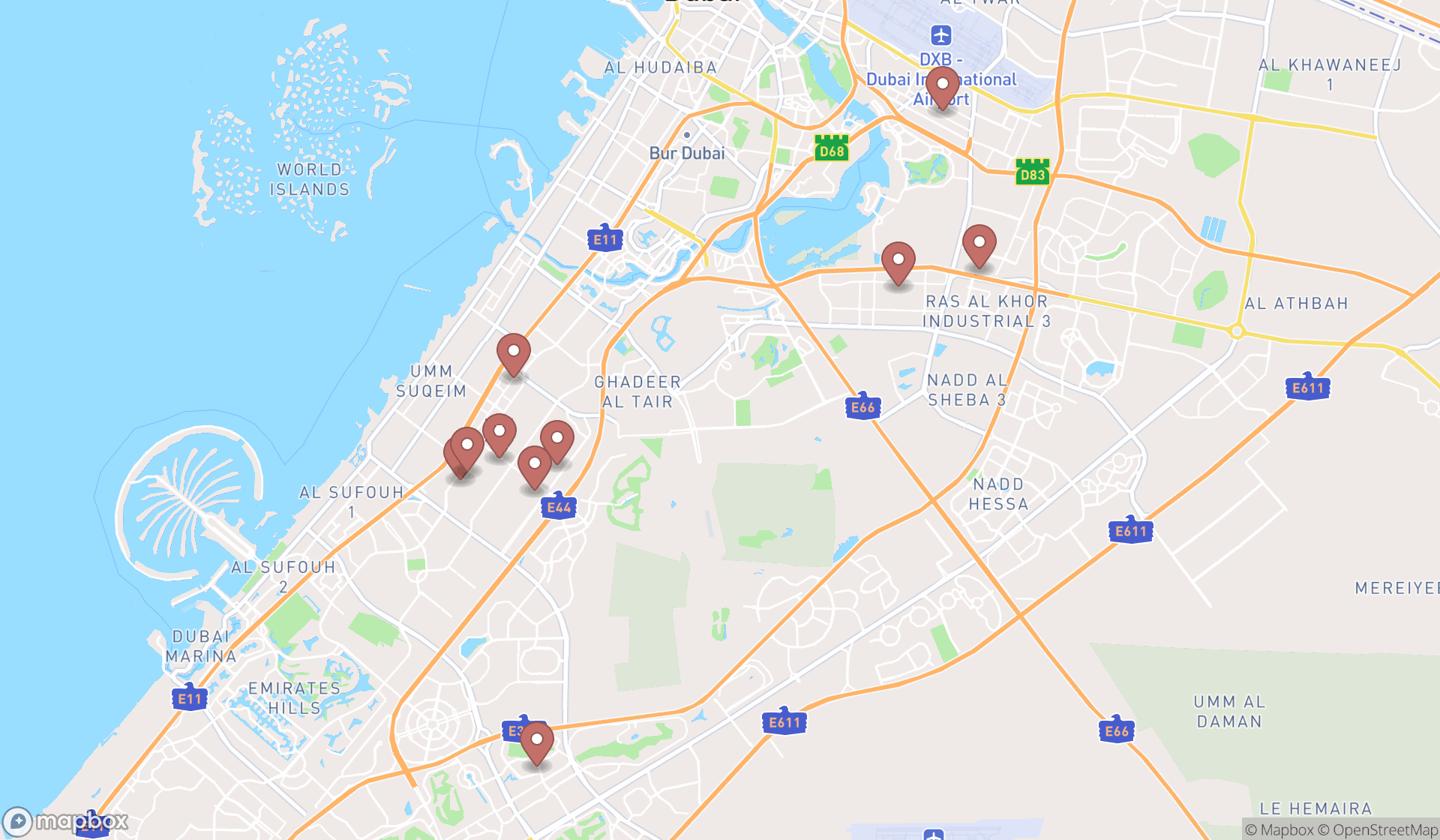 Map showing the ranked auto repair shops in Dubai, Dubai