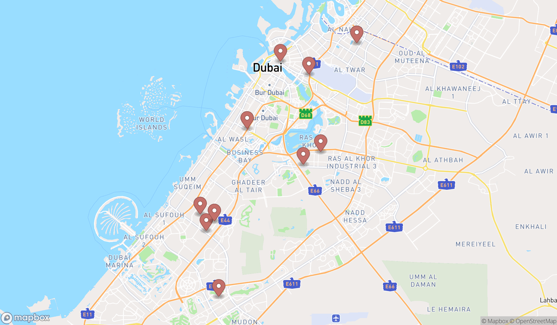 Map showing the ranked auto spring shops in Dubai, Dubai